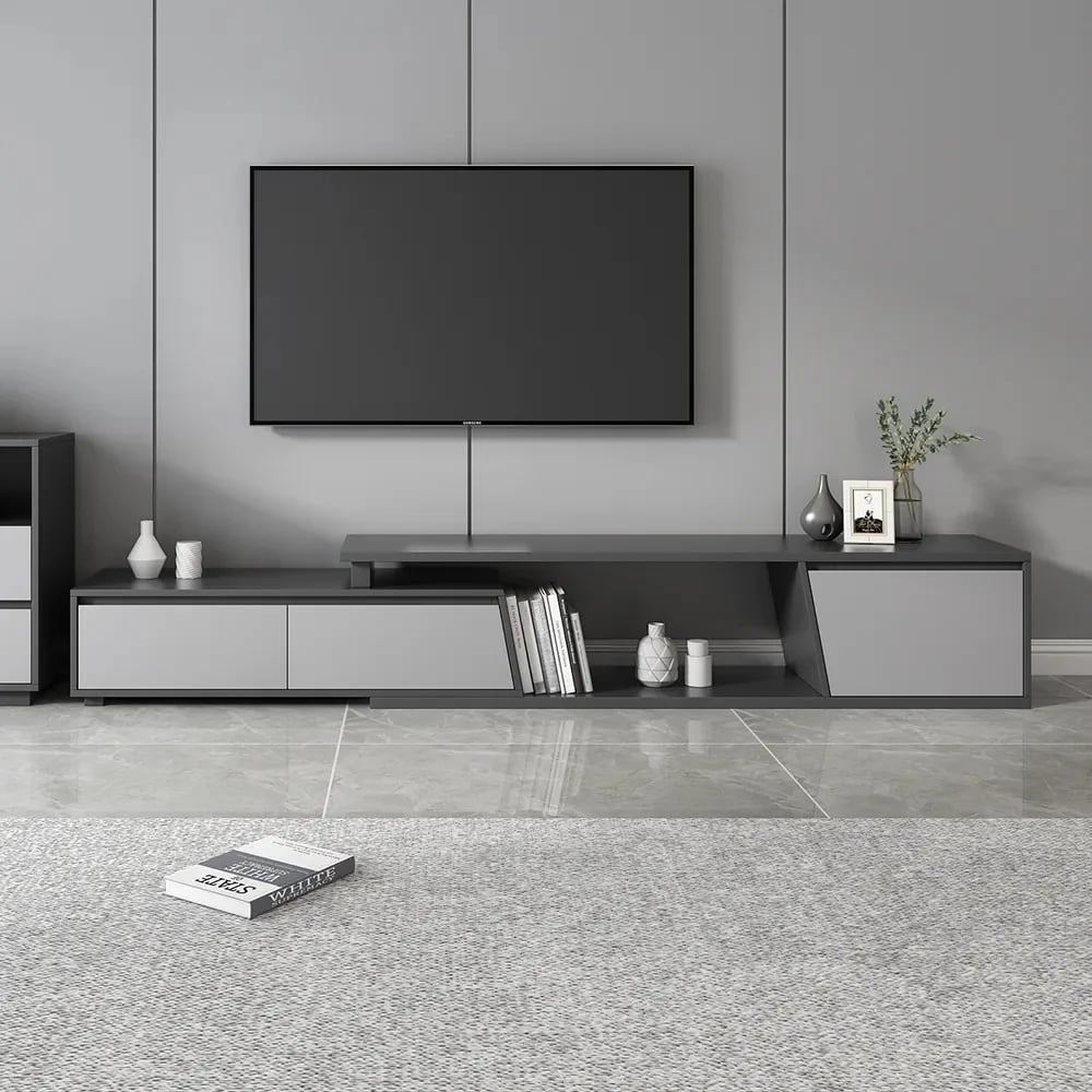 HMR - Set of 2 Gray Extendable 3 Drawers TV Stand & Lift-Top Coffee Table Set Up to 120"