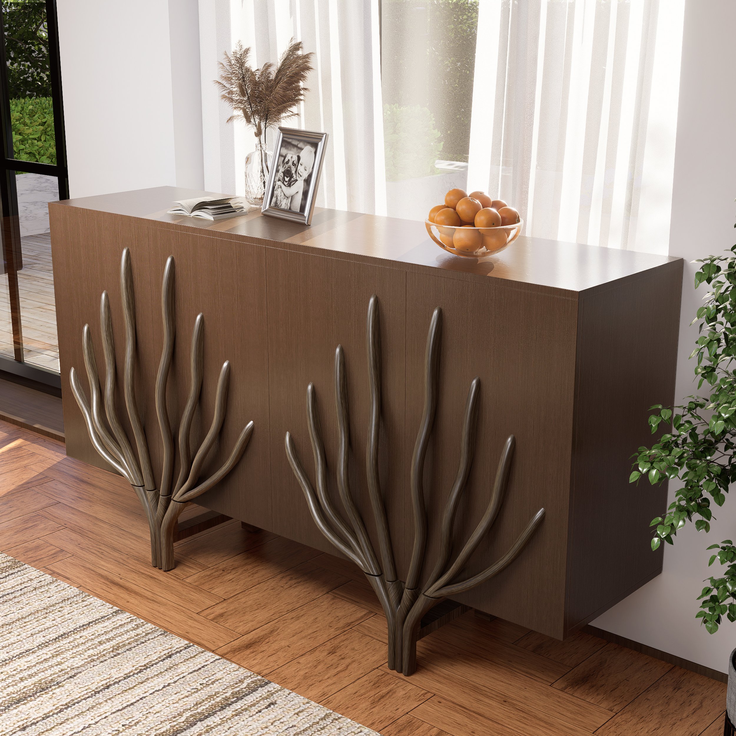 HMR - 63" Sideboard Branch Design Mid Century Modern Buffet with 2 Doors 2 Shelves