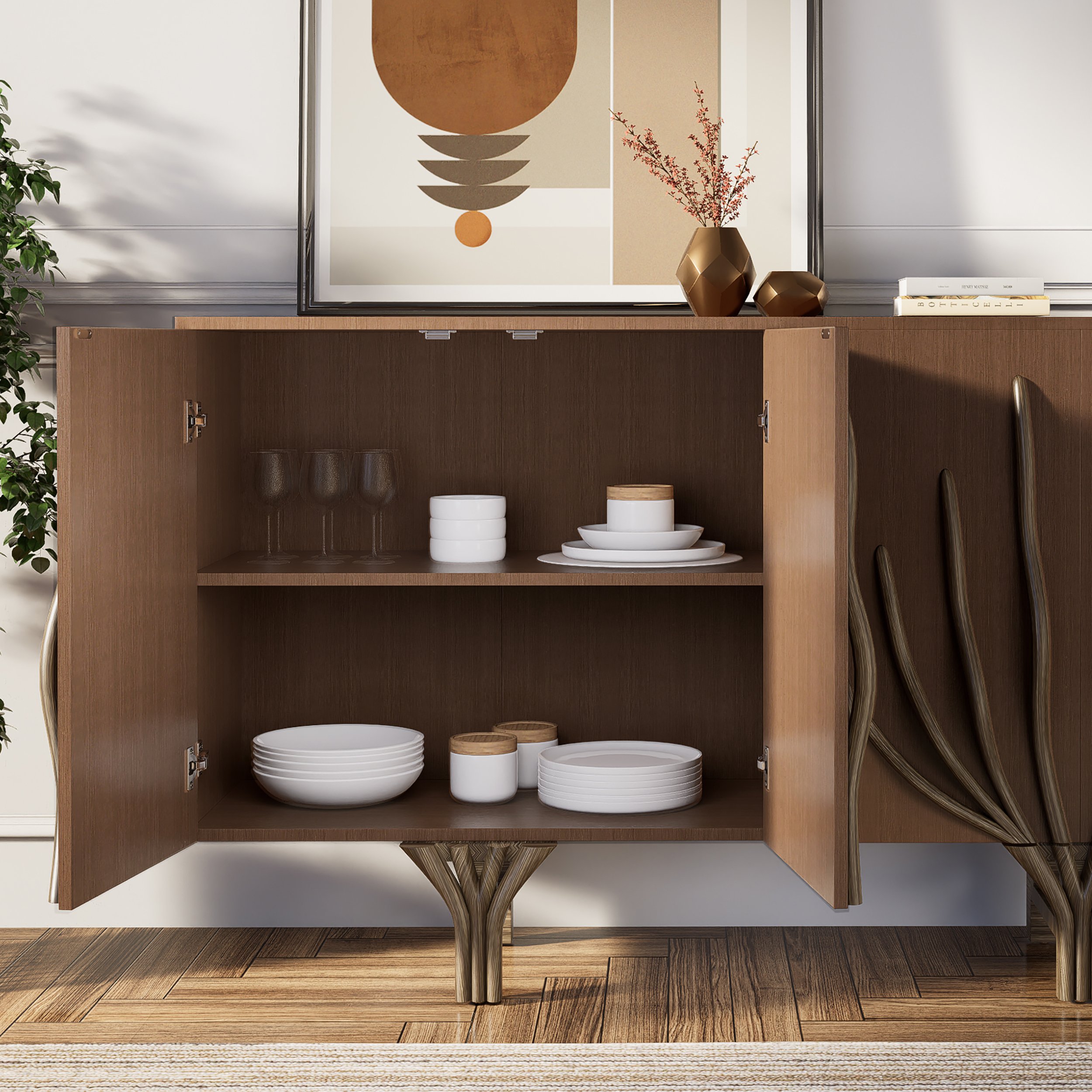 HMR - 63" Sideboard Branch Design Mid Century Modern Buffet with 2 Doors 2 Shelves