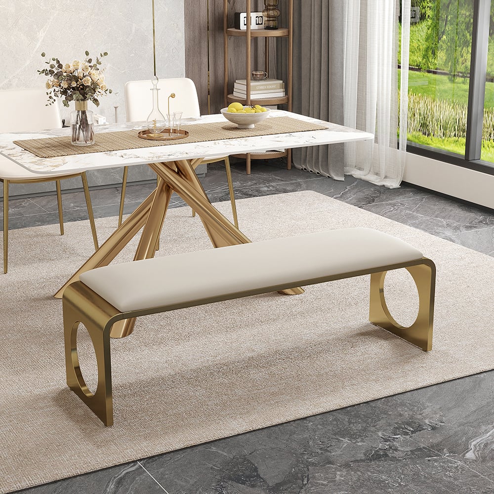 HMR - 55" Modern Dining Bench with Faux Leather Upholstery Off-White Seats 1-3 People