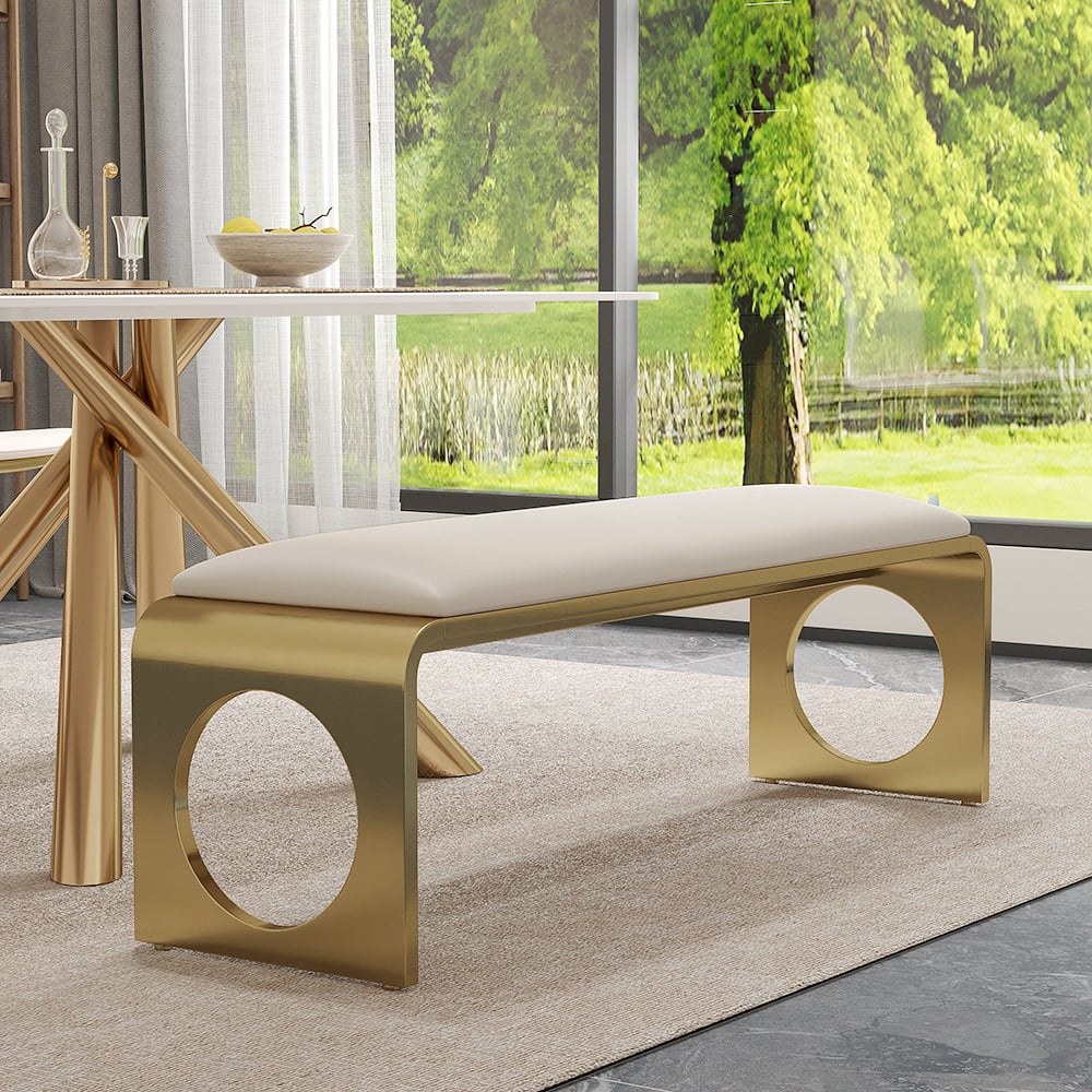 HMR - 55" Modern Dining Bench with Faux Leather Upholstery Off-White Seats 1-3 People