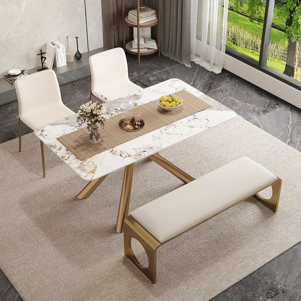 HMR - 55" Modern Dining Bench with Faux Leather Upholstery Off-White Seats 1-3 People