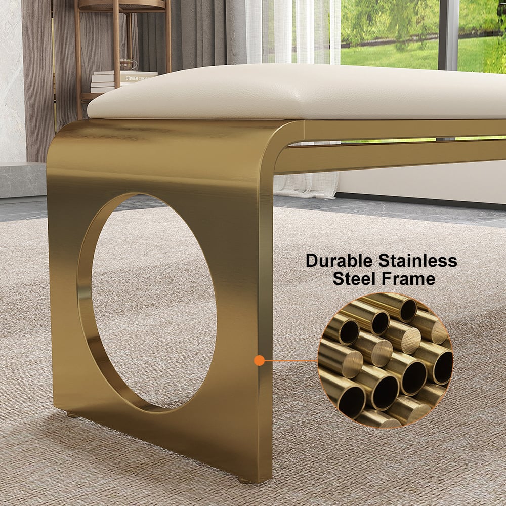 HMR - 55" Modern Dining Bench with Faux Leather Upholstery Off-White Seats 1-3 People