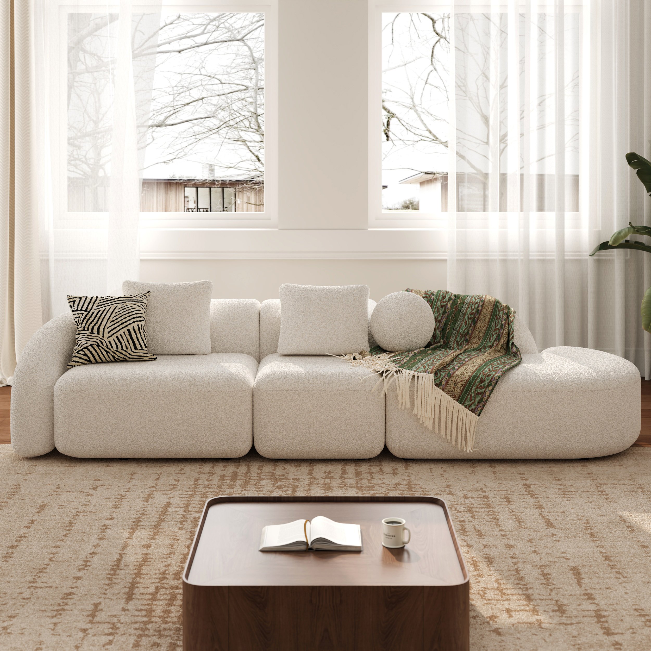HMR - 129" 3-Piece Modular Boucle Curved Sectional with Pillows