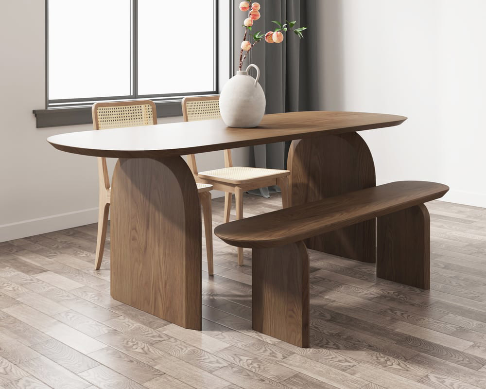 HMR Tintica Series Japandi Oval Solid Wood Dining Bench Seats 1-2 People - Walnut, 59"