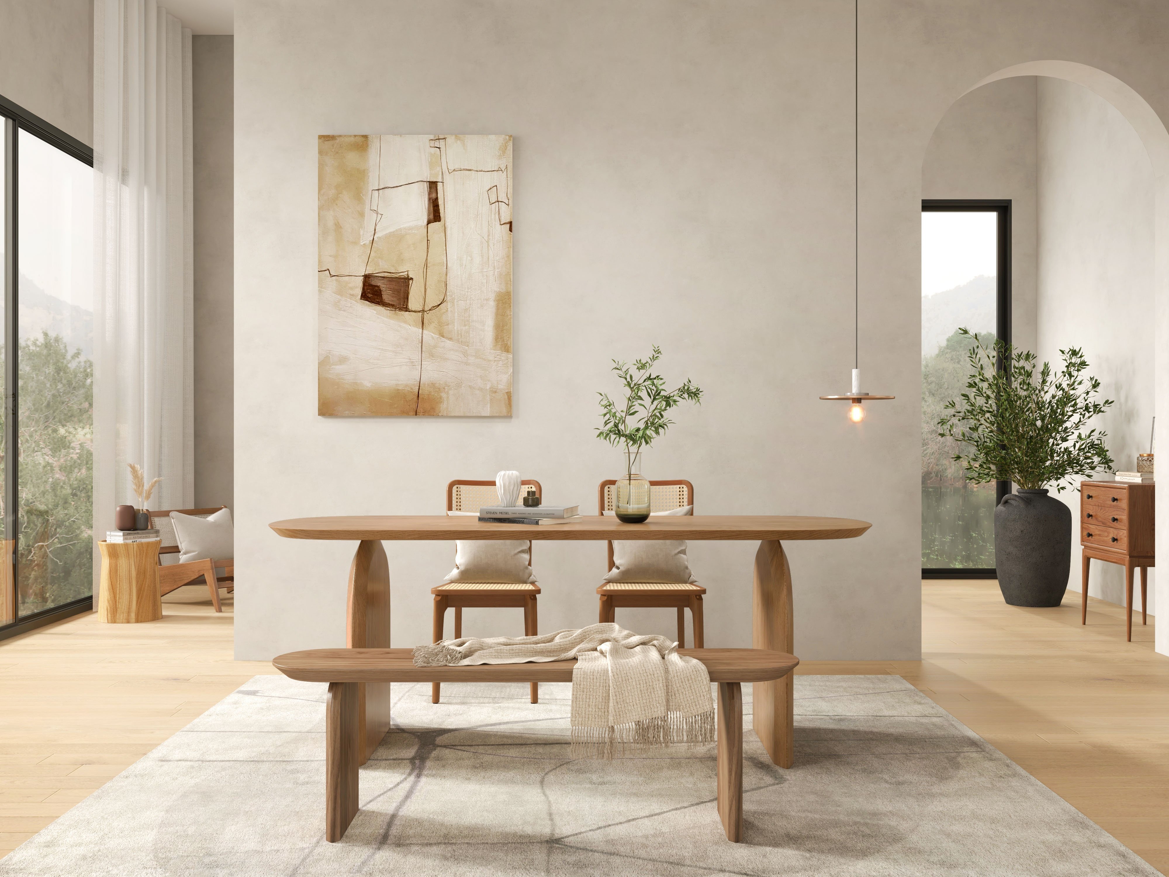 HMR Tintica Series Japandi Oval Solid Wood Dining Bench Seats 1-2 People - Walnut, 59"