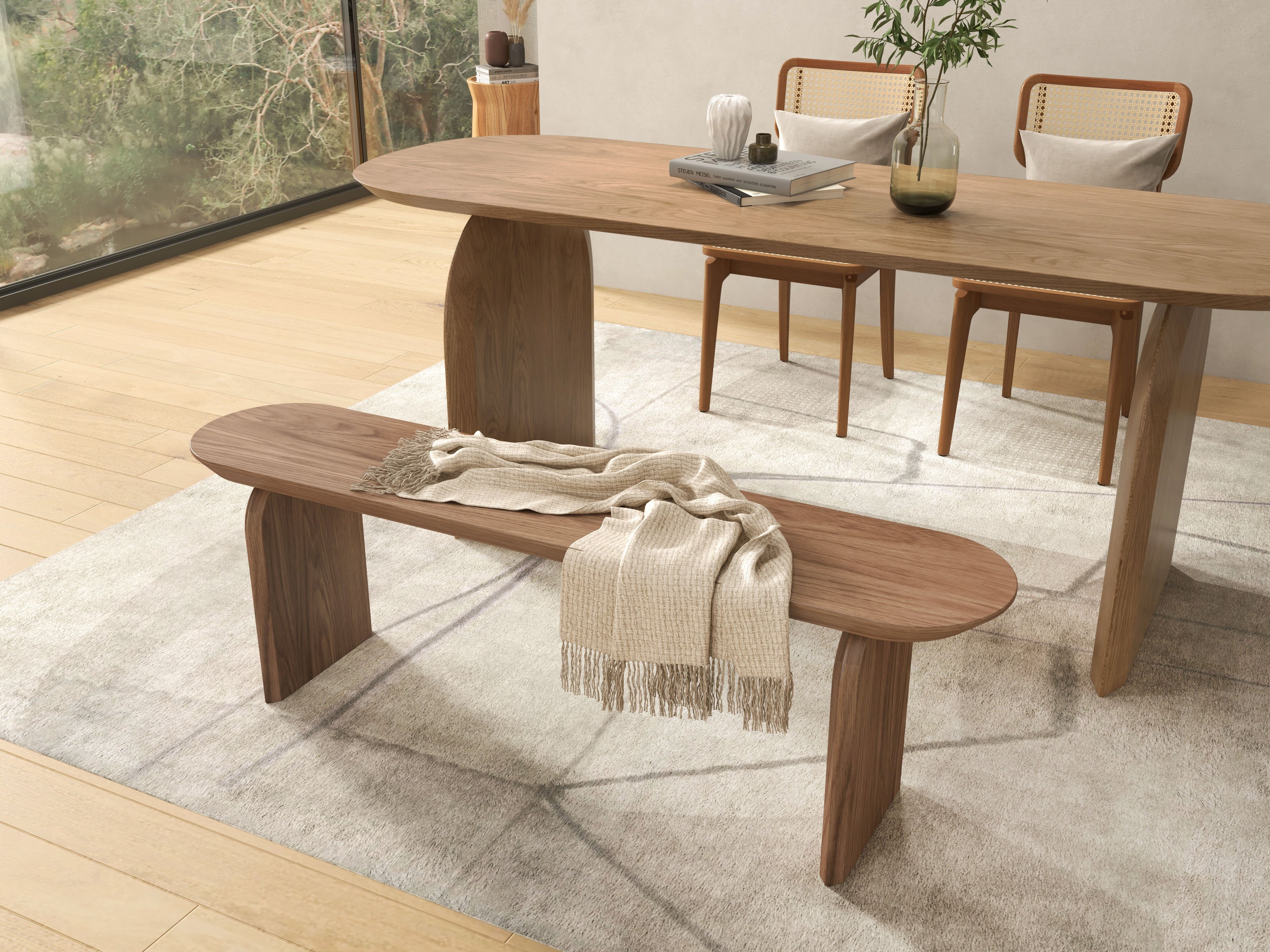 HMR Tintica Series Japandi Oval Solid Wood Dining Bench Seats 1-2 People - Walnut, 59"