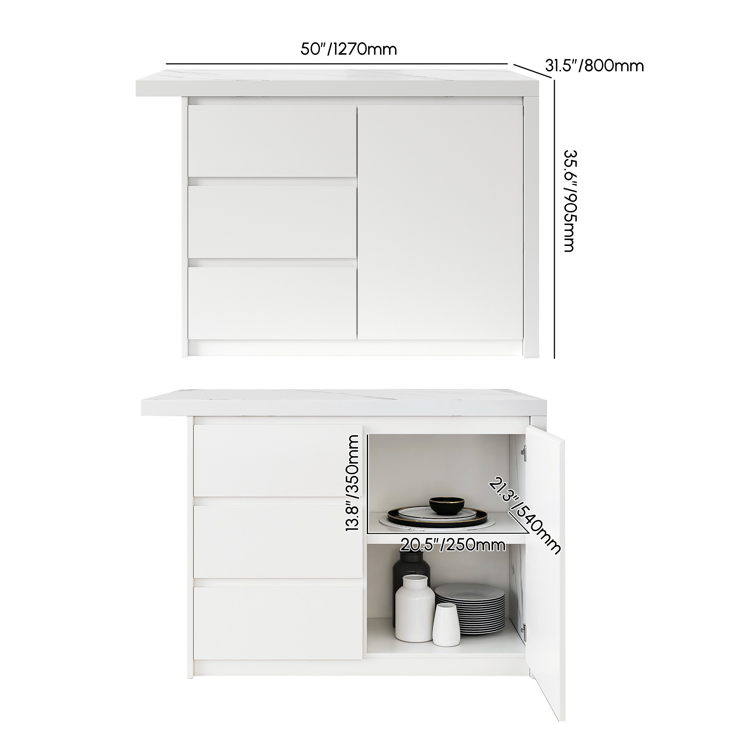 HMR Kitchen Island with Storage - White, 50”/1270mm, Engineered Wood