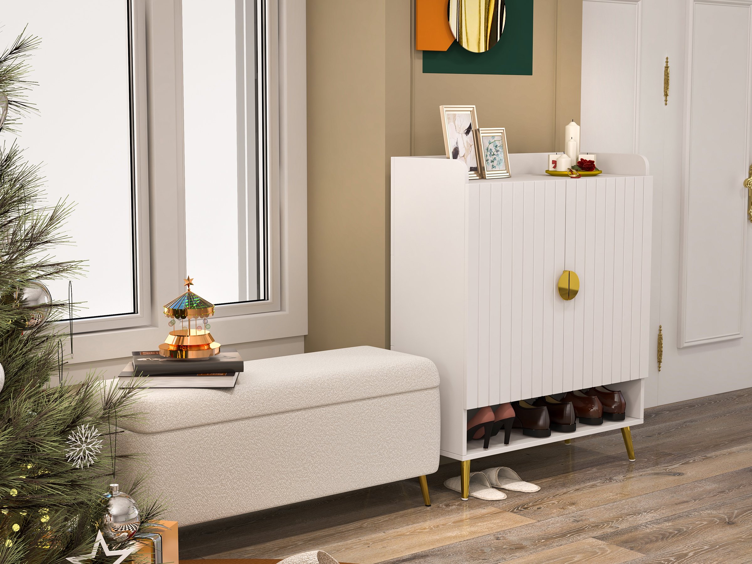 HMR Yellar Nordic Entryway Shoe Cabinet with Doors & Open Shelves - White, 31.5" (5 Shelves)