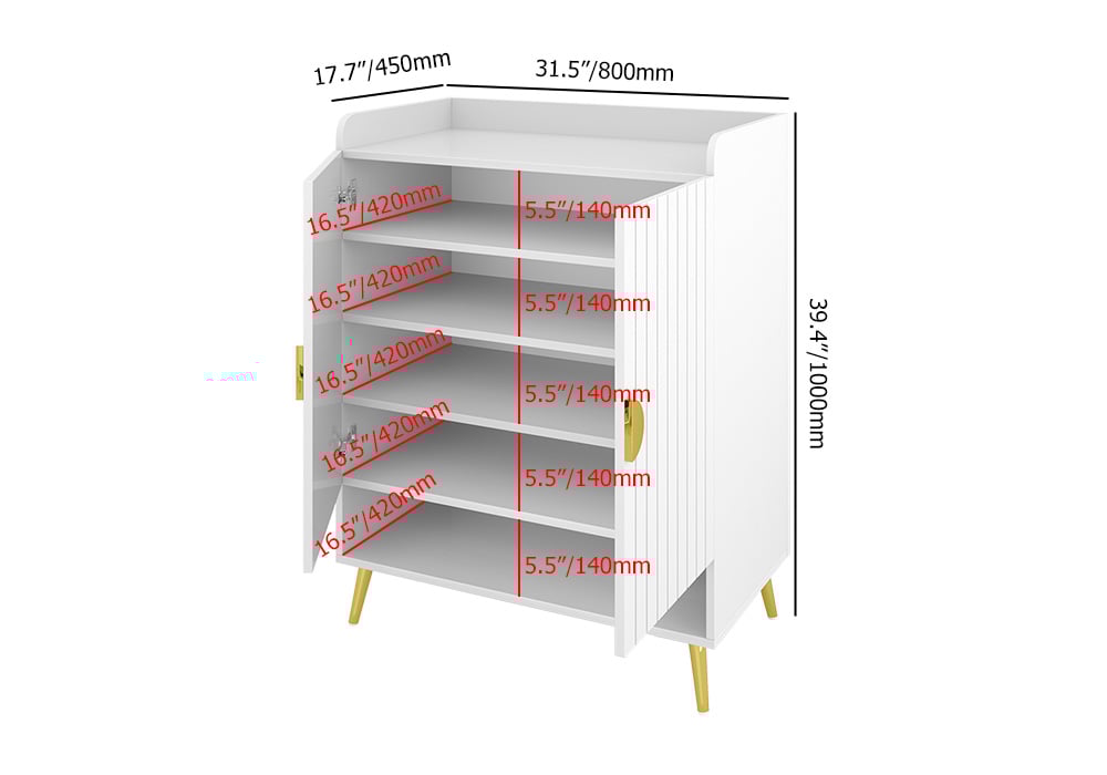 HMR Yellar Nordic Entryway Shoe Cabinet with Doors & Open Shelves - White, 31.5" (5 Shelves)