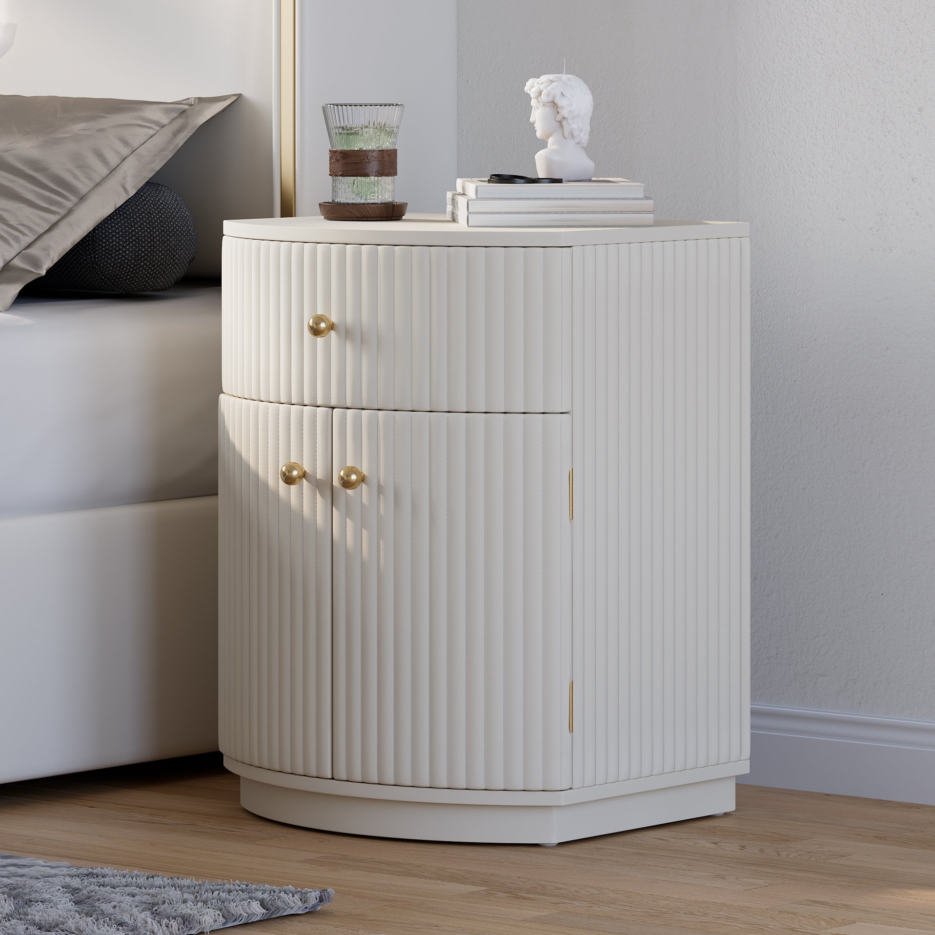HMR - Modern Barrel White Fluted Nightstand in Faux Leather with Storage
