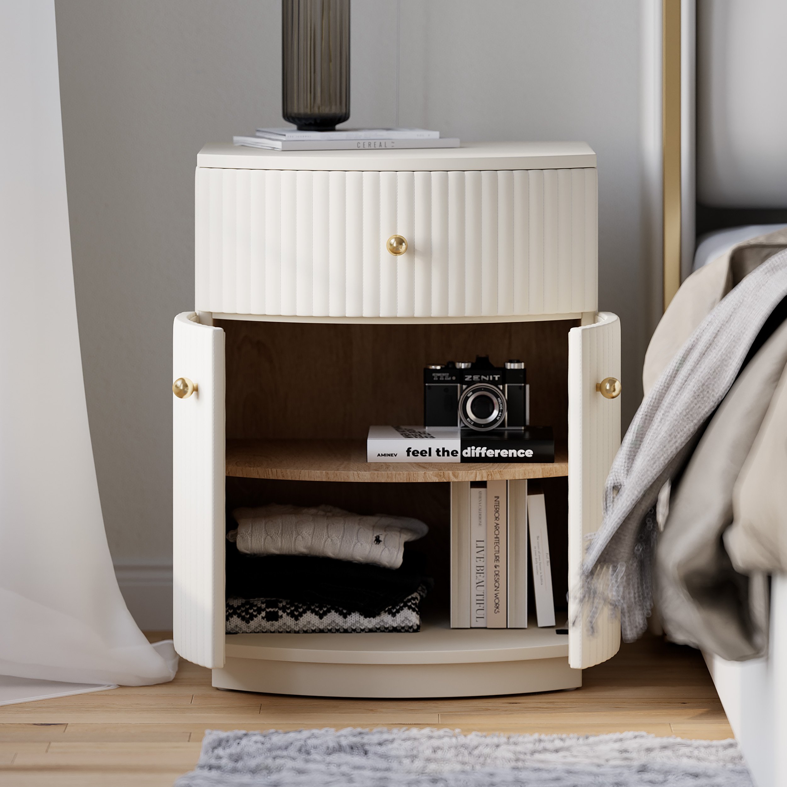 HMR - Modern Barrel White Fluted Nightstand in Faux Leather with Storage
