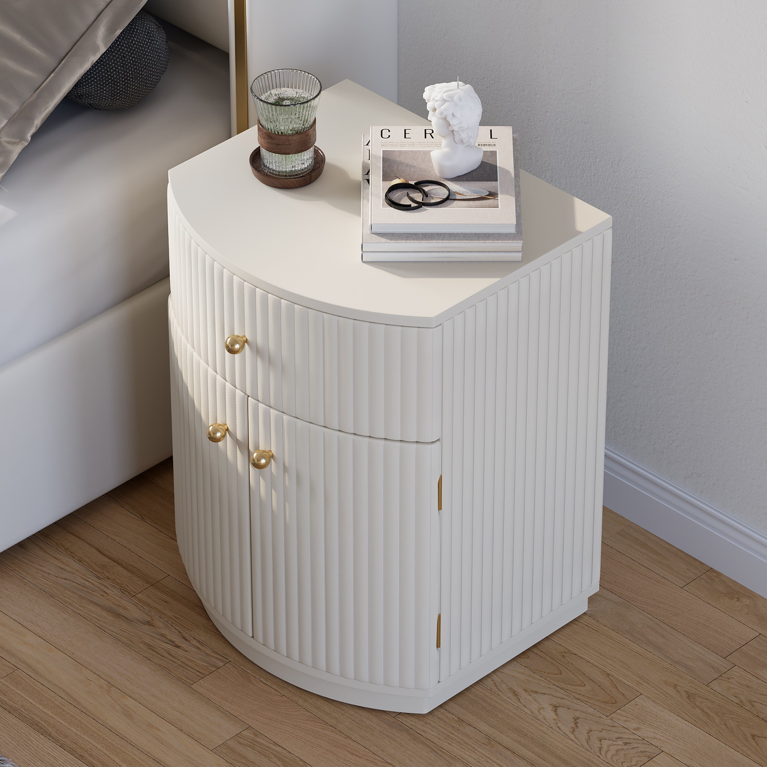 HMR - Modern Barrel White Fluted Nightstand in Faux Leather with Storage