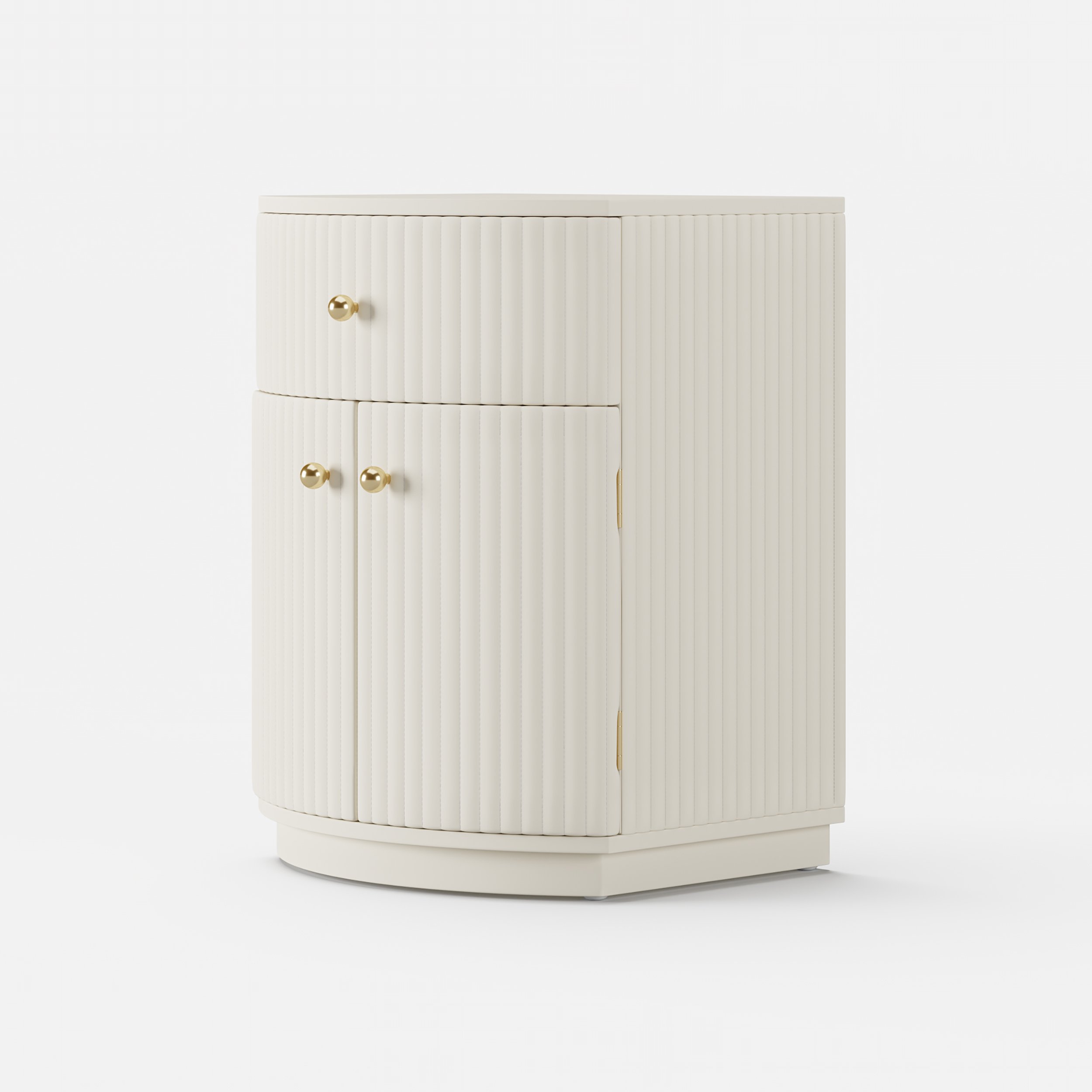 HMR - Modern Barrel White Fluted Nightstand in Faux Leather with Storage