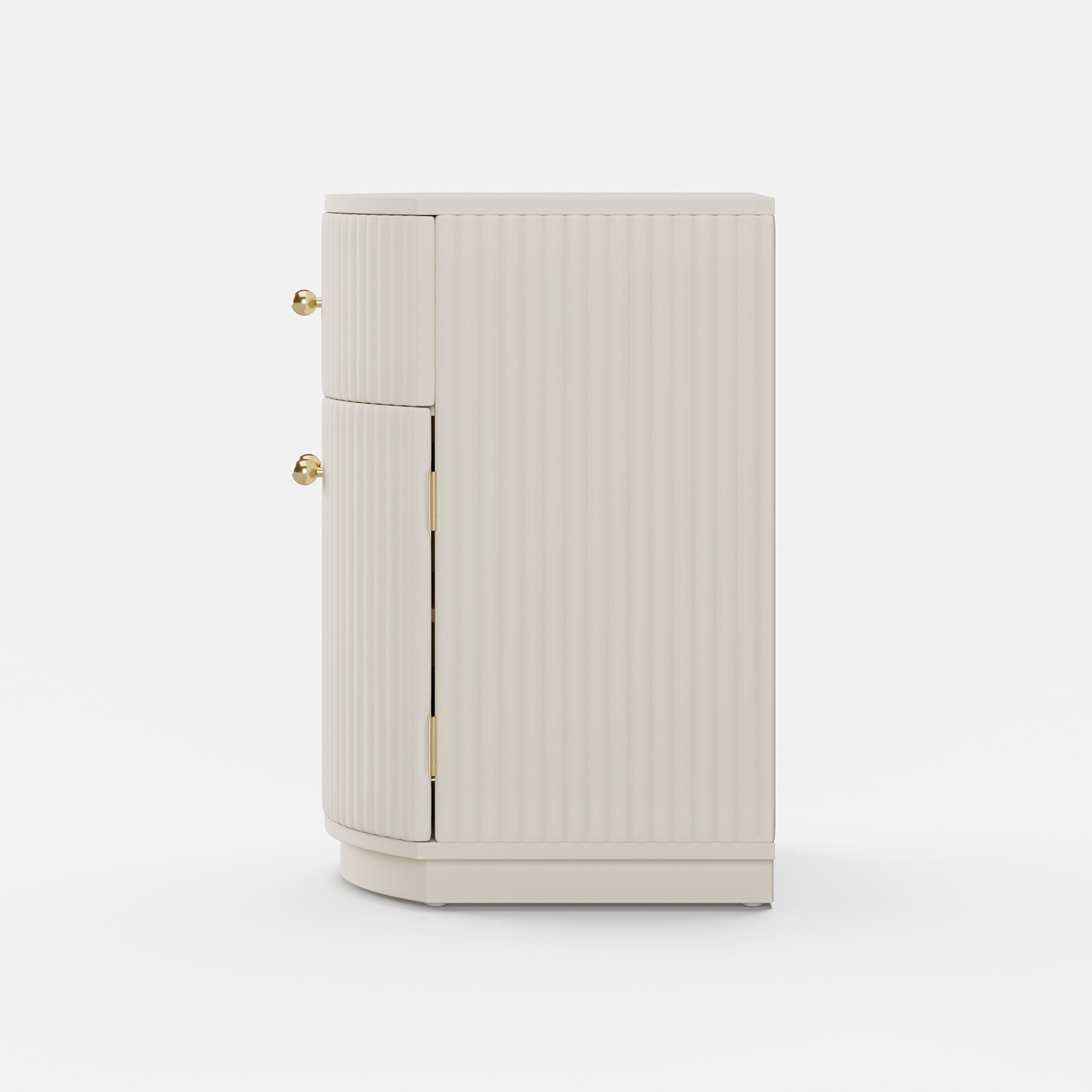 HMR - Modern Barrel White Fluted Nightstand in Faux Leather with Storage