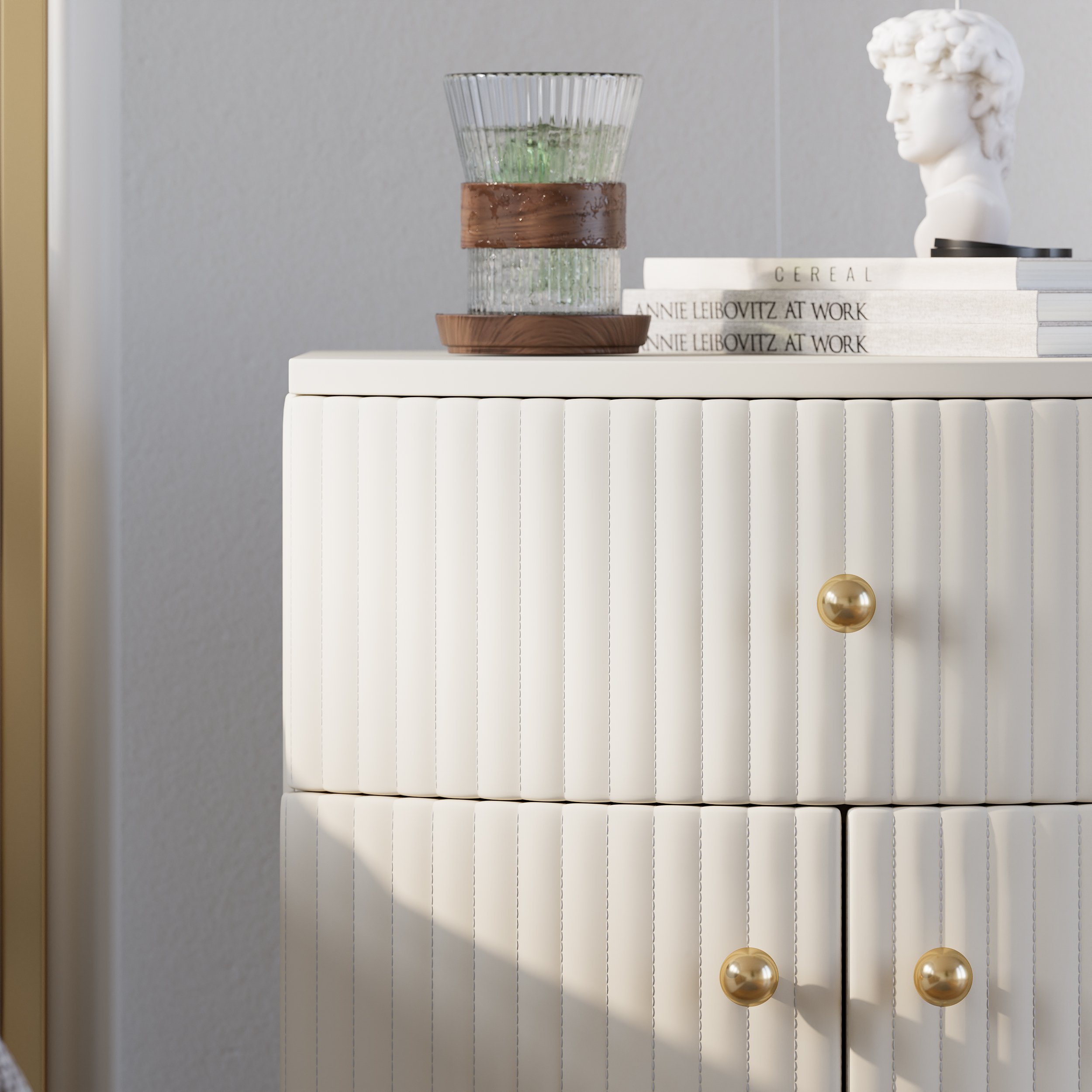 HMR - Modern Barrel White Fluted Nightstand in Faux Leather with Storage