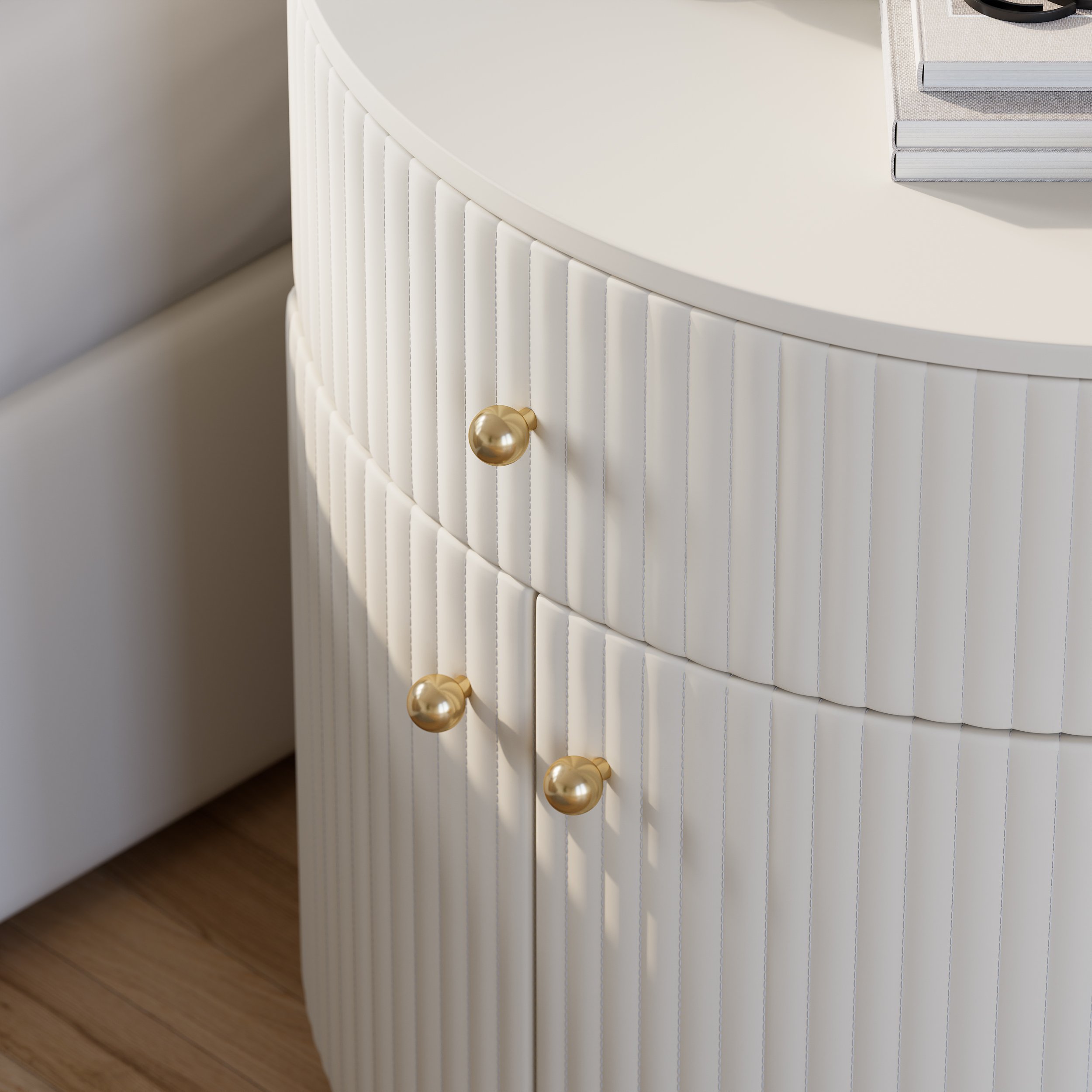 HMR - Modern Barrel White Fluted Nightstand in Faux Leather with Storage