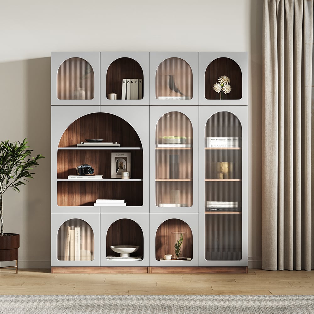 HMR - 70.9" x 31.5" Arch Bookcase with Doors Set of 2 Display Cabinet 5-Shelf Walnut & Gray