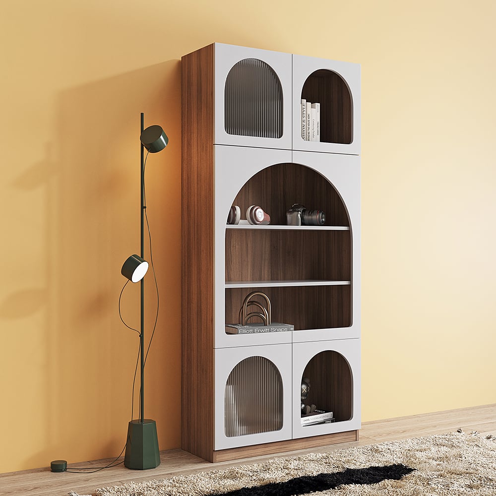 HMR - 70.9" x 31.5" Arch Bookcase with Doors Set of 2 Display Cabinet 5-Shelf Walnut & Gray