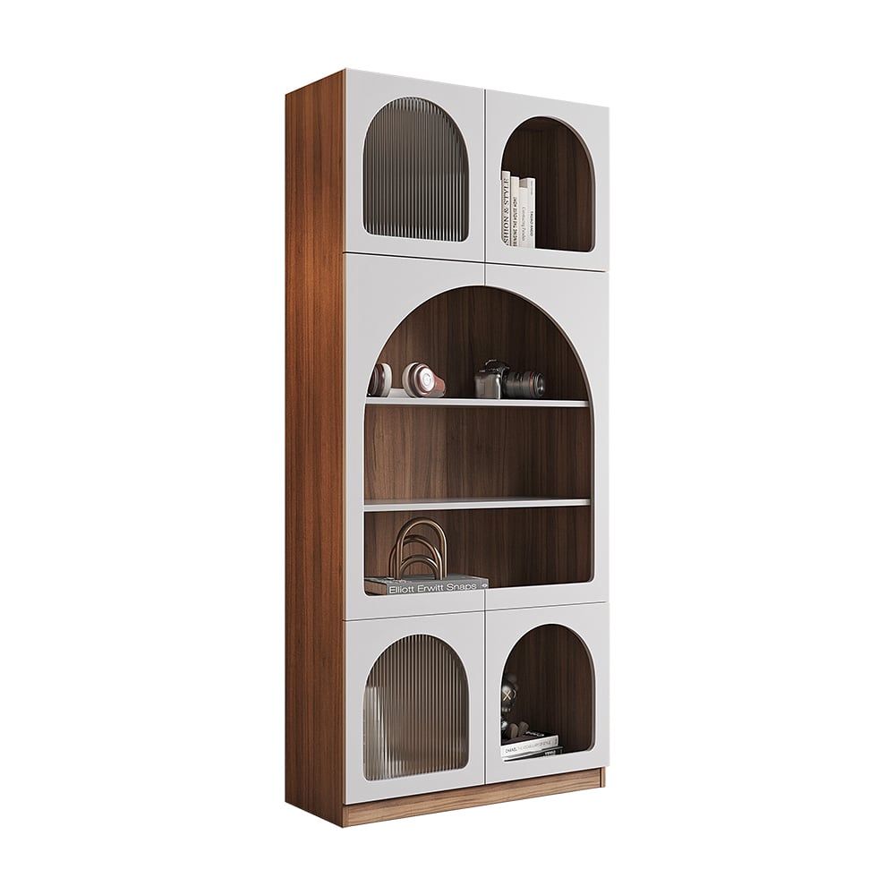 HMR - 70.9" x 31.5" Arch Bookcase with Doors Set of 2 Display Cabinet 5-Shelf Walnut & Gray