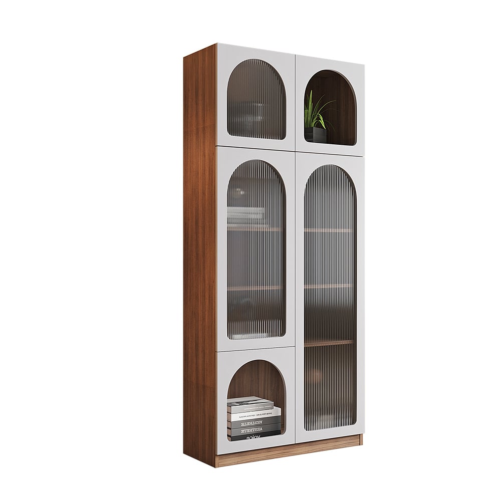 HMR - 70.9" x 31.5" Arch Bookcase with Doors Set of 2 Display Cabinet 5-Shelf Walnut & Gray