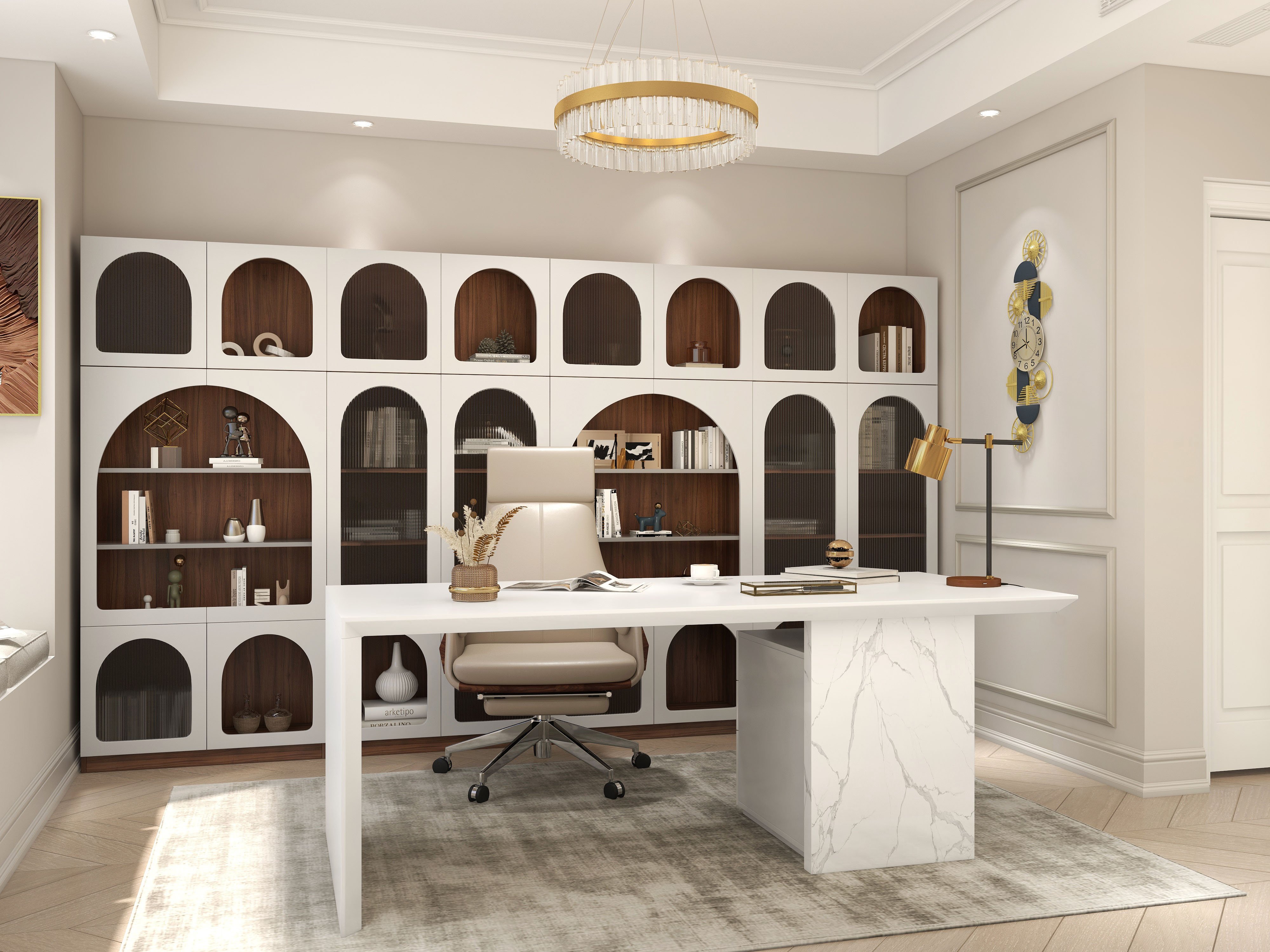 HMR - 70.9" x 31.5" Arch Bookcase with Doors Set of 2 Display Cabinet 5-Shelf Walnut & Gray