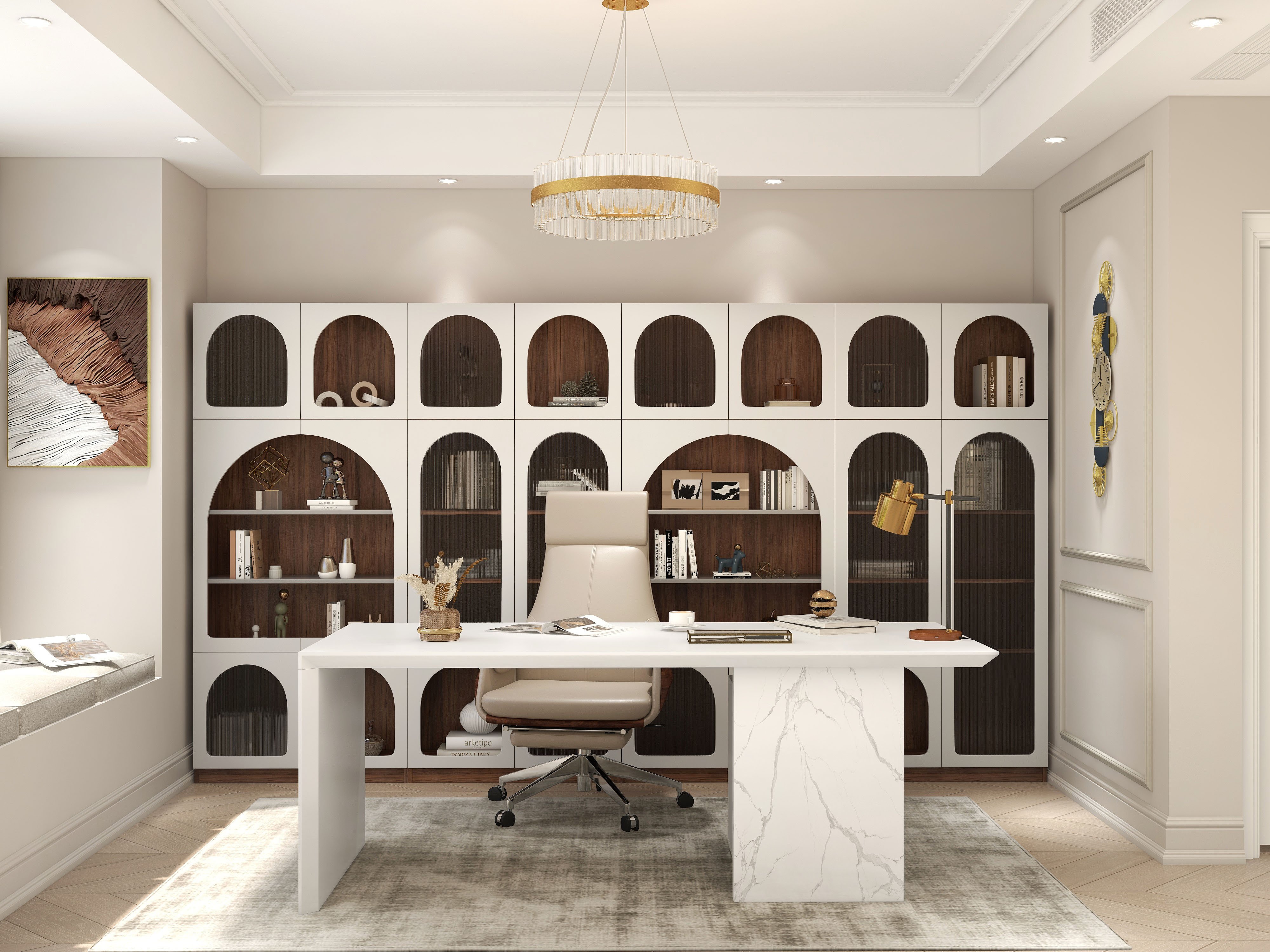 HMR - 70.9" x 31.5" Arch Bookcase with Doors Set of 2 Display Cabinet 5-Shelf Walnut & Gray