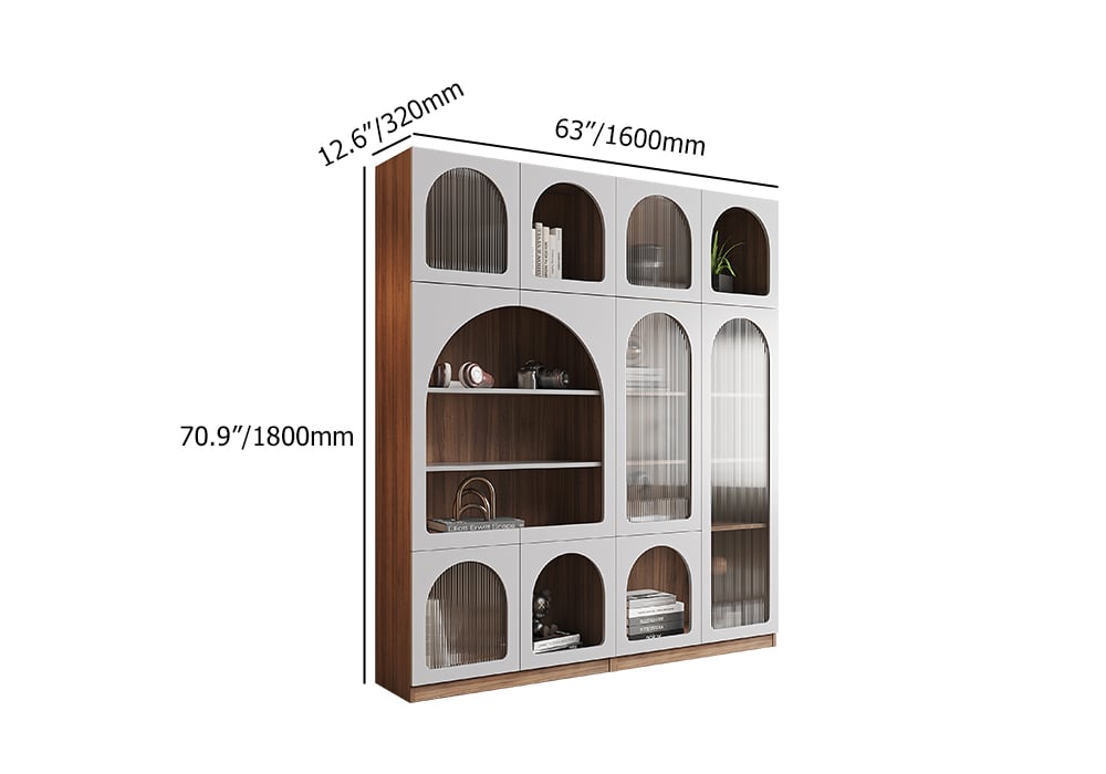 HMR - 70.9" x 31.5" Arch Bookcase with Doors Set of 2 Display Cabinet 5-Shelf Walnut & Gray