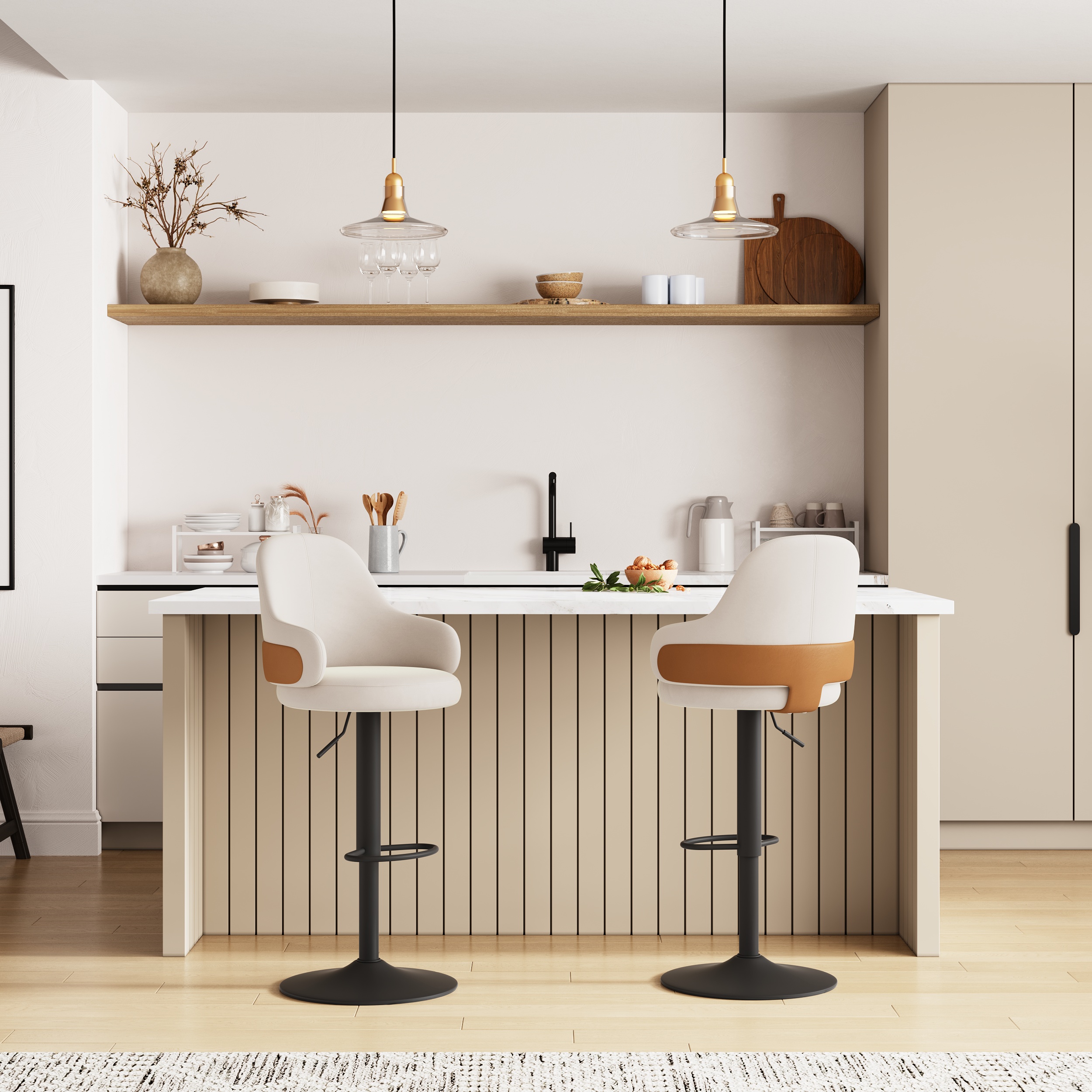 HMR - Modern Adjustable Swivel Velvet Bar Stools or Counter Stools with Upholstery White