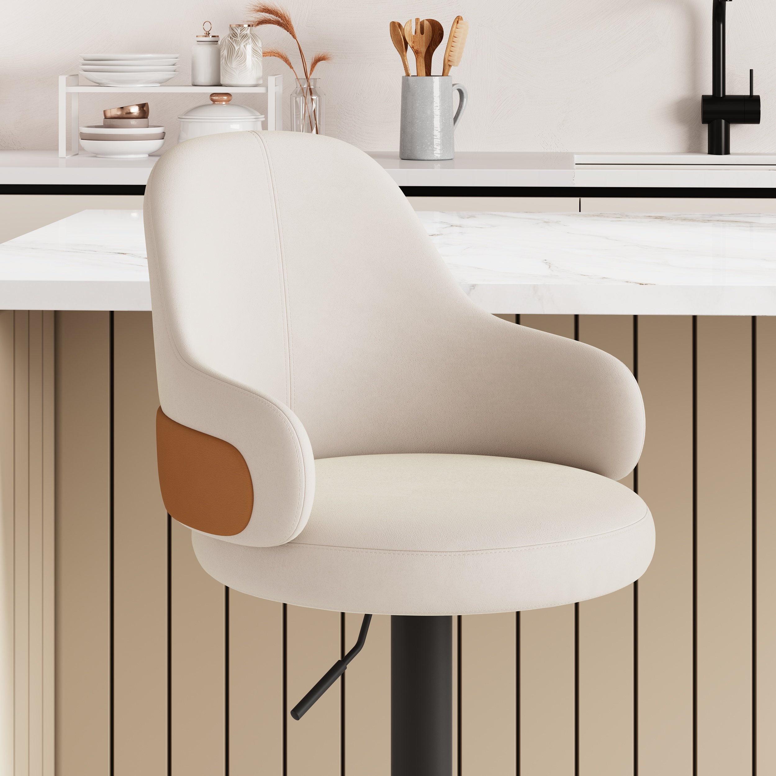 HMR - Modern Adjustable Swivel Velvet Bar Stools or Counter Stools with Upholstery White