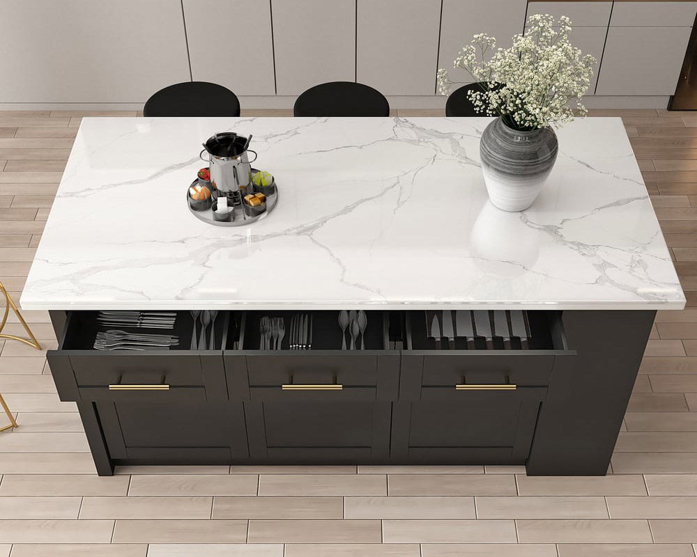 HMR 72" Modern Style Laminate Kitchen Islands with Multi-Storage - White & Black, Sintered Stone