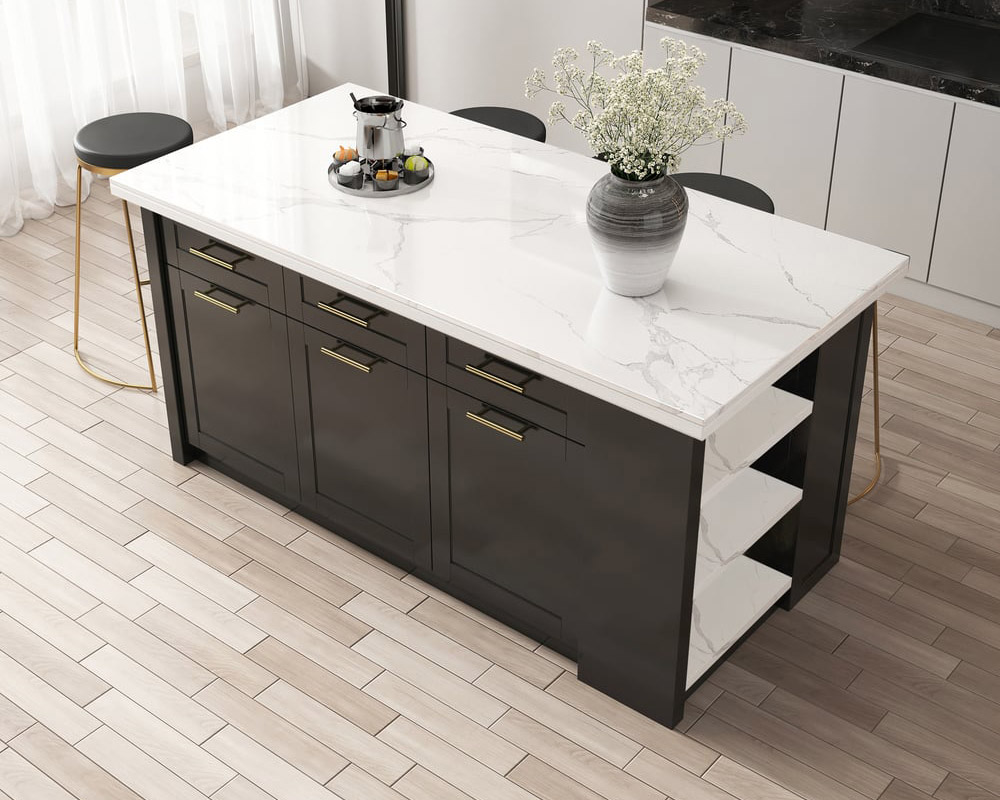 HMR 72" Modern Style Laminate Kitchen Islands with Multi-Storage - White & Black, Sintered Stone