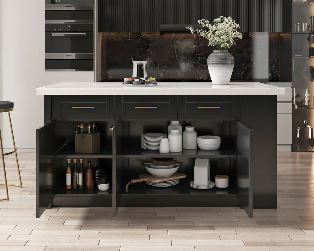 HMR 72" Modern Style Laminate Kitchen Islands with Multi-Storage - White & Black, Sintered Stone