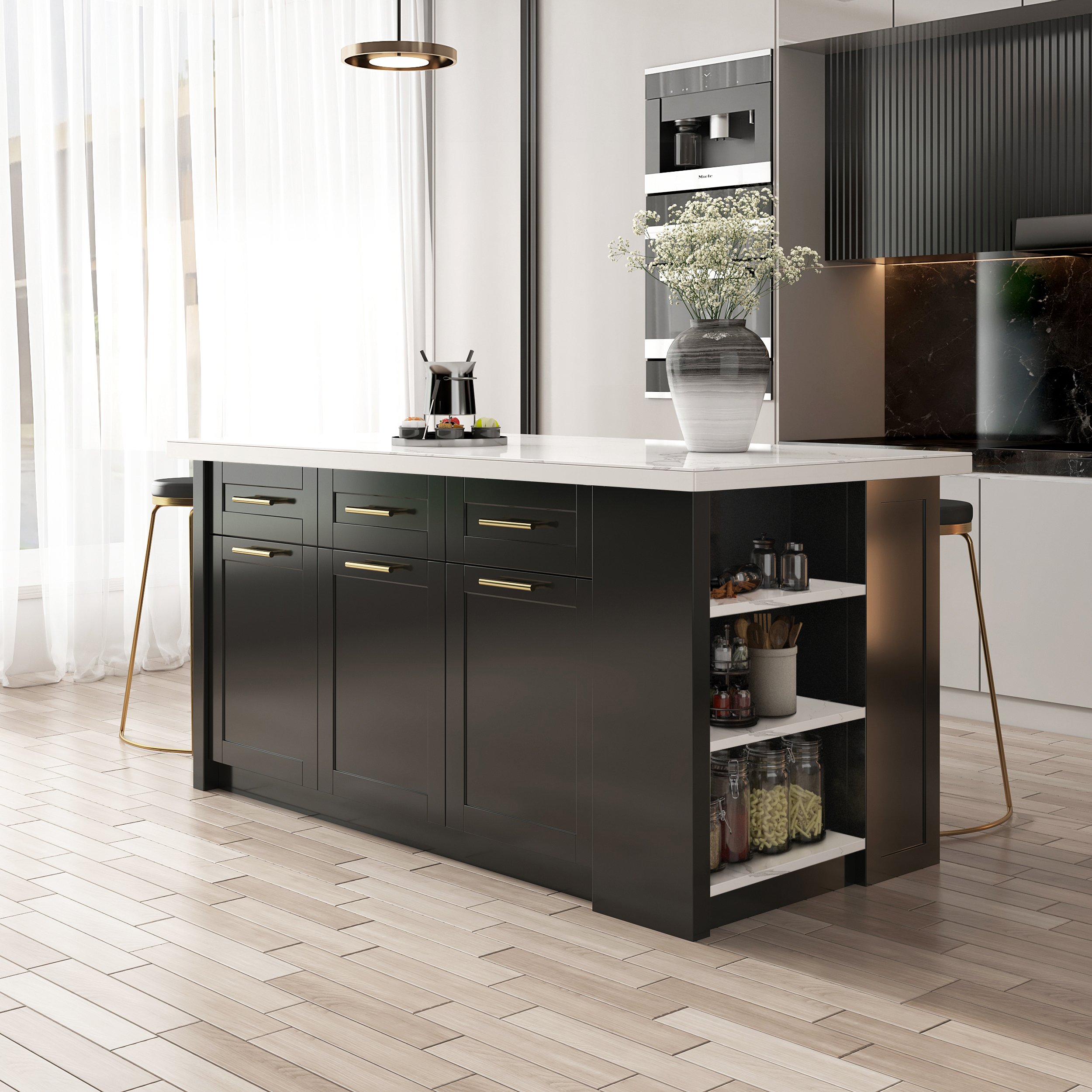HMR 72" Modern Style Laminate Kitchen Islands with Multi-Storage - White & Black, Sintered Stone