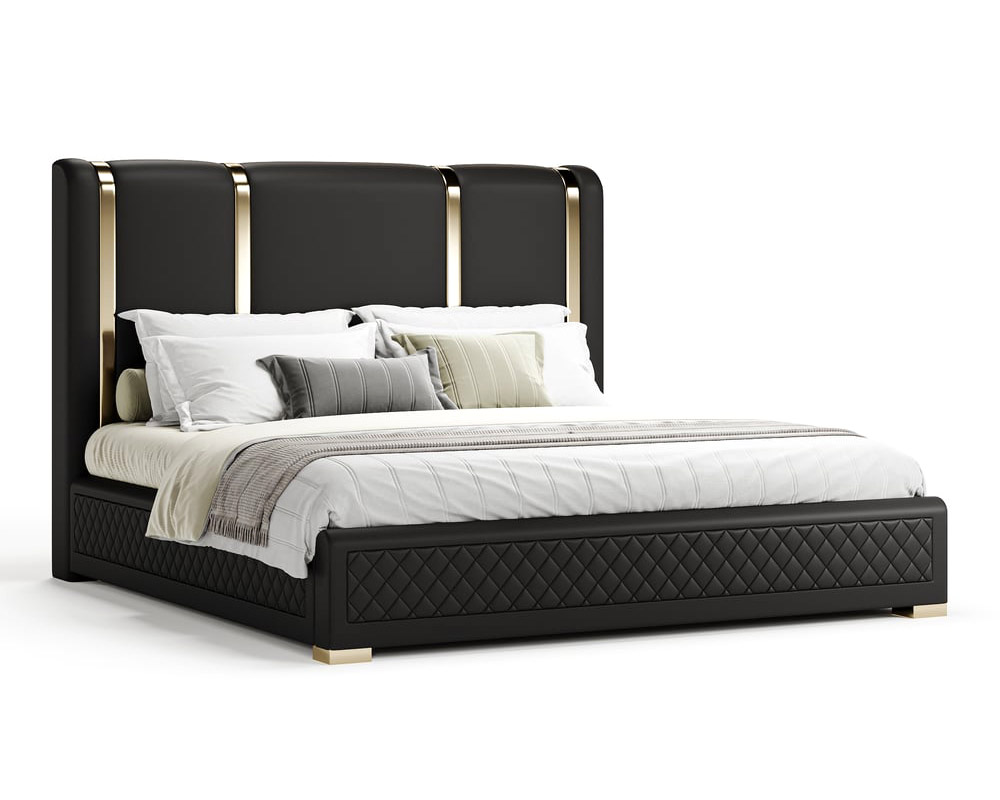 HMR King Size Upholstered Bed Frame Polished Gold & Faux Leather Headboard & Nightstands Set - Black