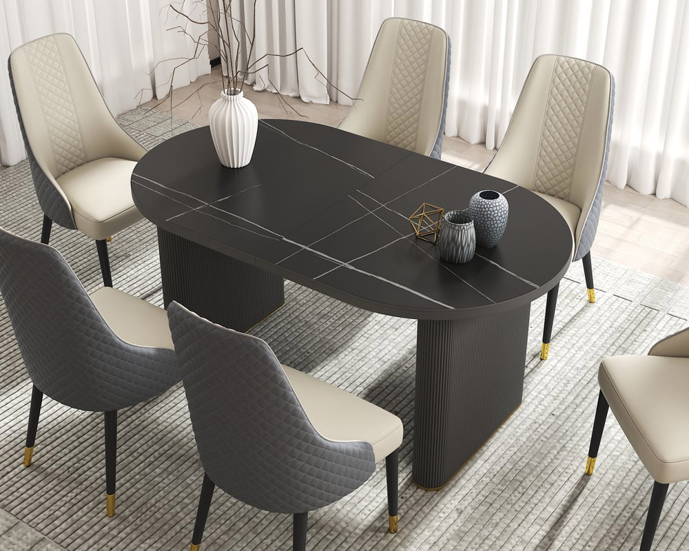 HMR - 79''-95'' Oval Extendable Sintered Stone Top Dining Table Seats 8-10