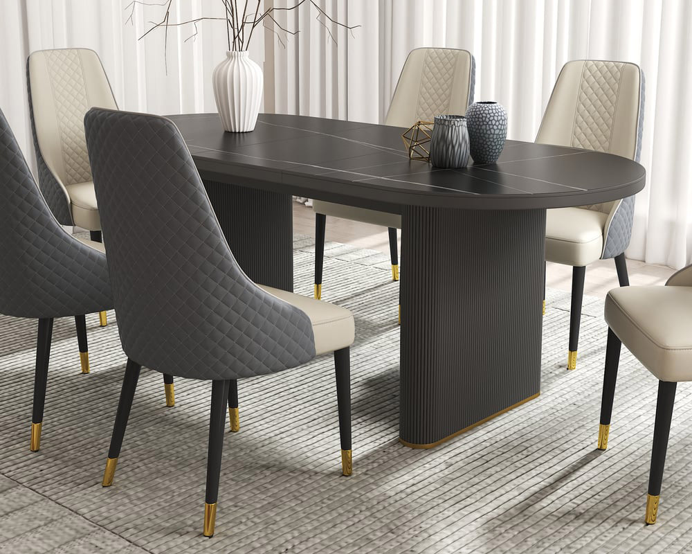 HMR - 79''-95'' Oval Extendable Sintered Stone Top Dining Table Seats 8-10