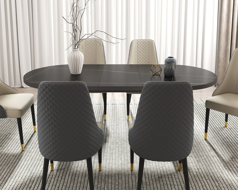 HMR - 79''-95'' Oval Extendable Sintered Stone Top Dining Table Seats 8-10