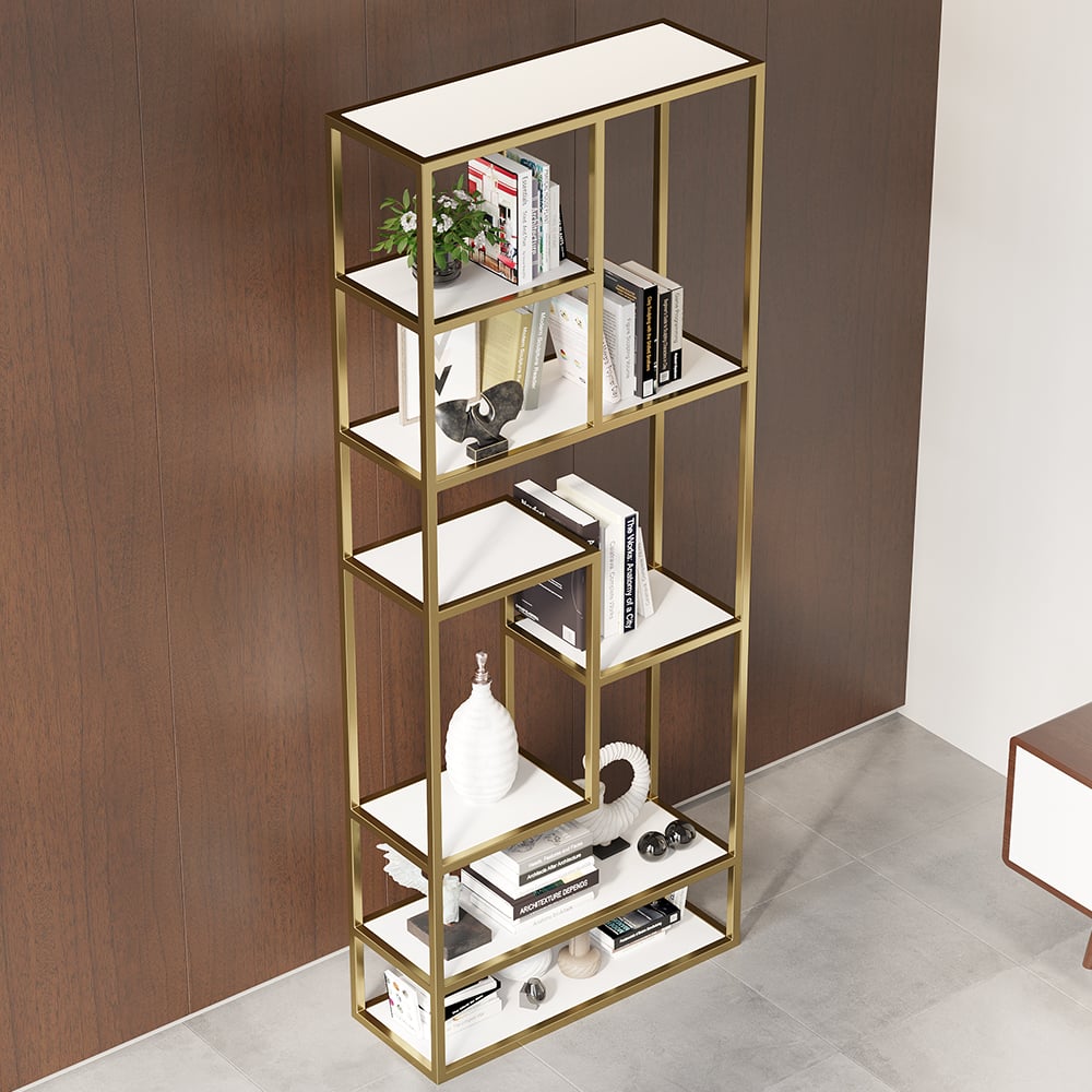 HMR - 78" Modern White & Gold Etagere Bookshelf Display 8-Shelf Tall Book Shelf Rich Storage