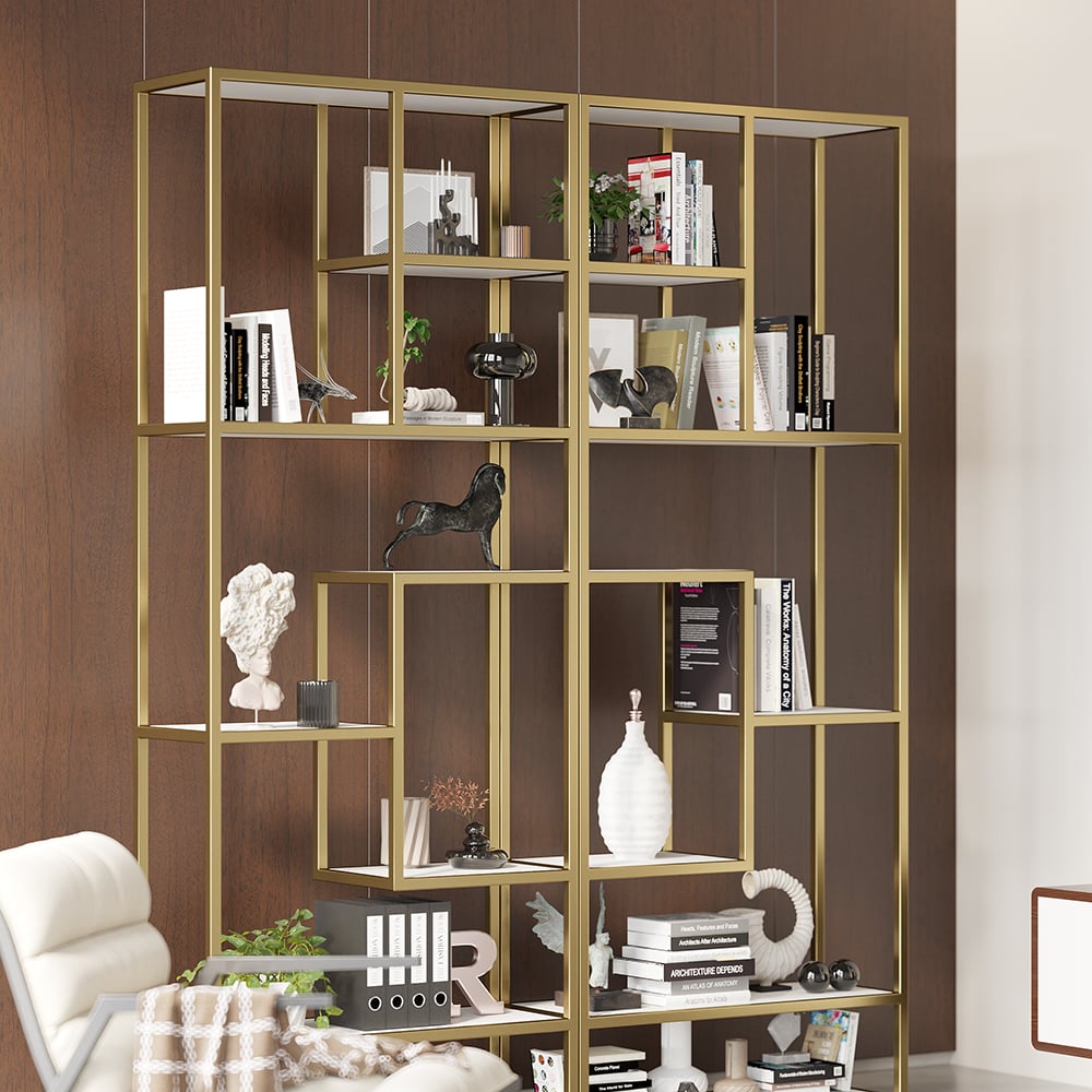 HMR - 78" Modern White & Gold Etagere Bookshelf Display 8-Shelf Tall Book Shelf Rich Storage