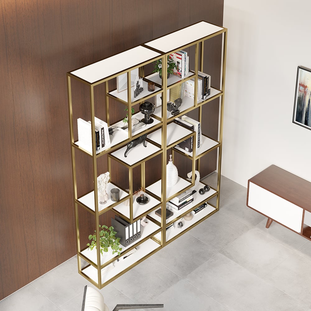 HMR - 78" Modern White & Gold Etagere Bookshelf Display 8-Shelf Tall Book Shelf Rich Storage