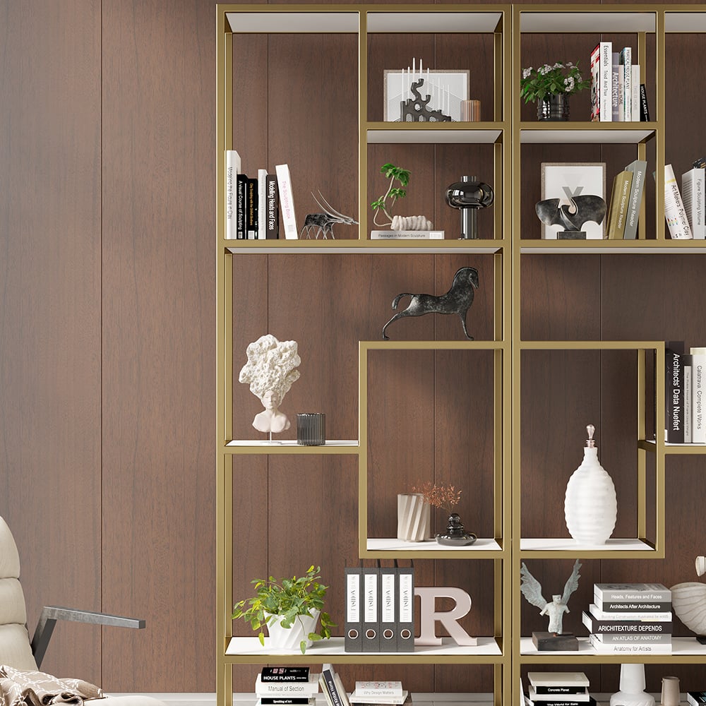 HMR - 78" Modern White & Gold Etagere Bookshelf Display 8-Shelf Tall Book Shelf Rich Storage