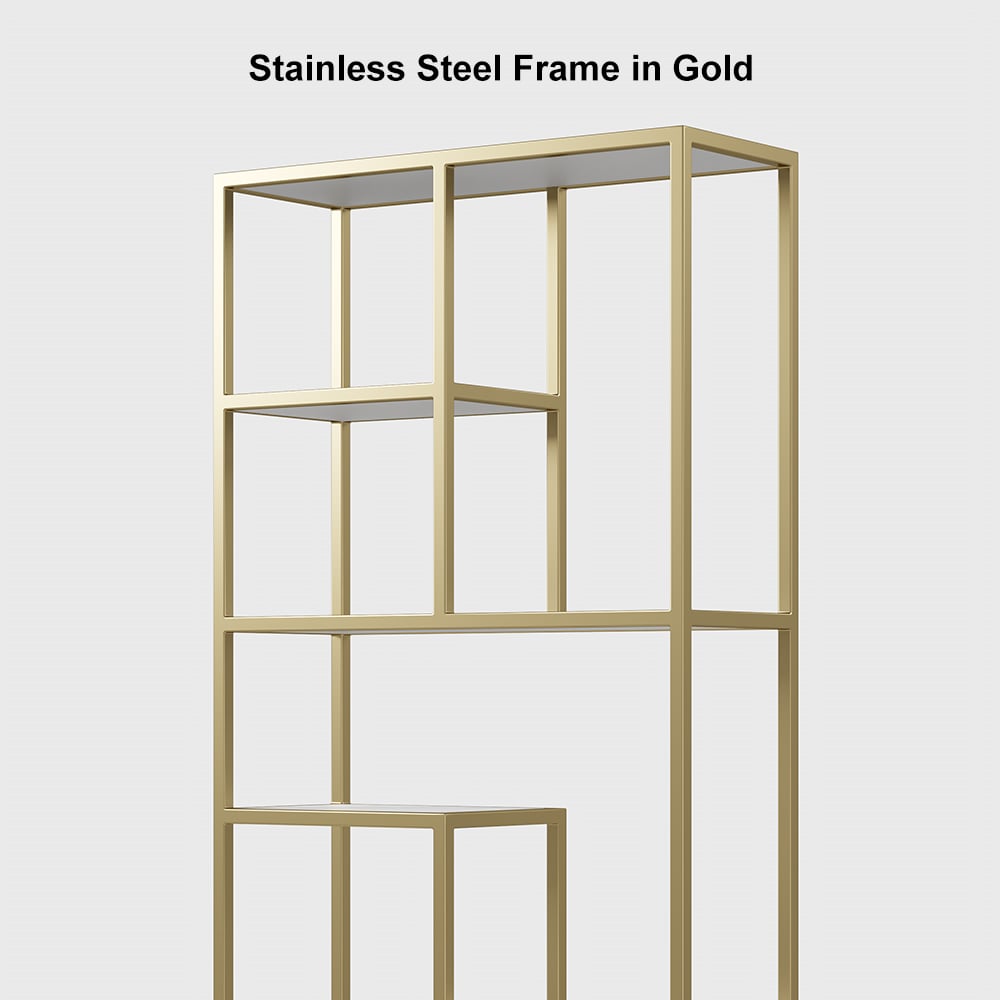 HMR - 78" Modern White & Gold Etagere Bookshelf Display 8-Shelf Tall Book Shelf Rich Storage