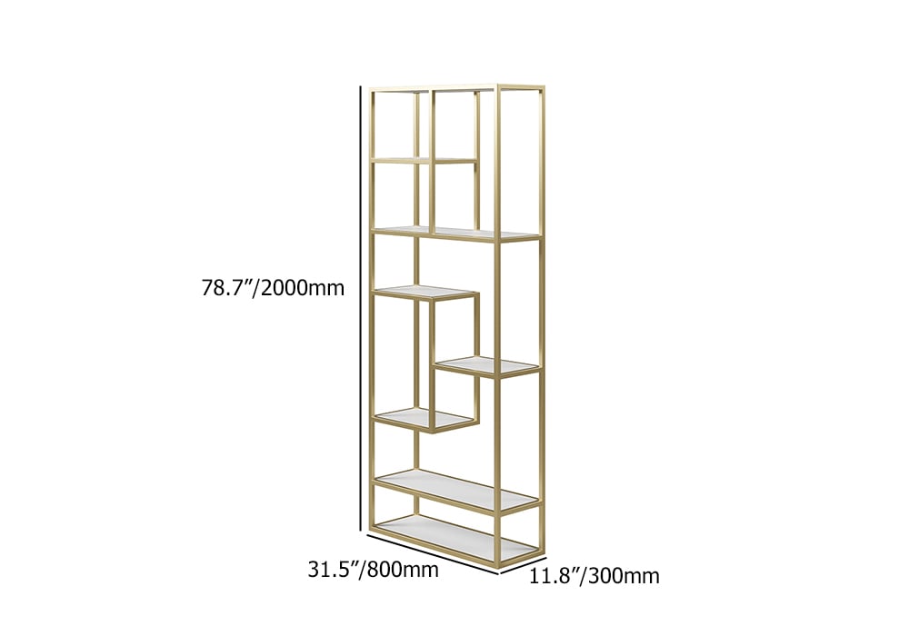 HMR - 78" Modern White & Gold Etagere Bookshelf Display 8-Shelf Tall Book Shelf Rich Storage
