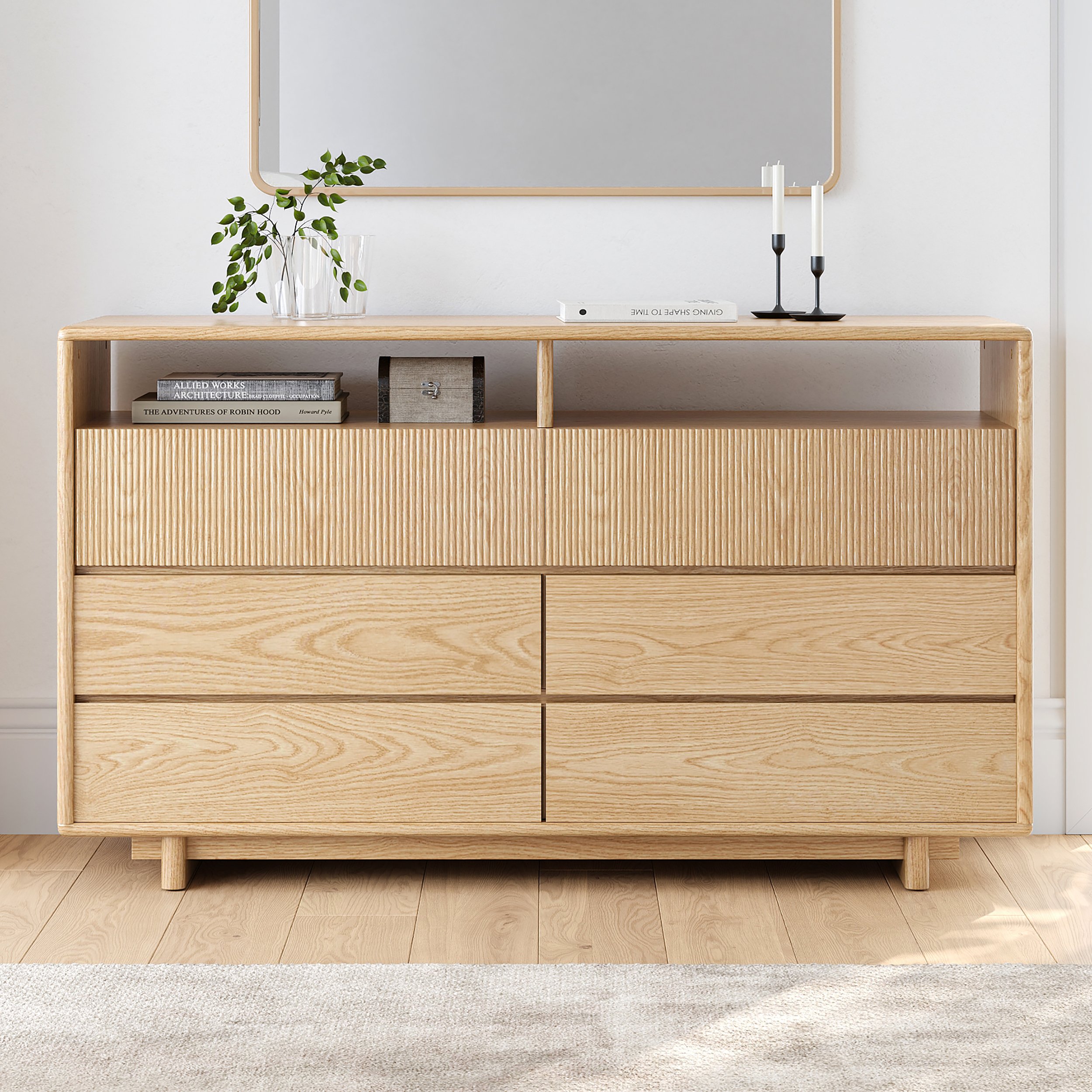 HMR - 47" Modern 6-Drawer Wood Dresser with Shelves