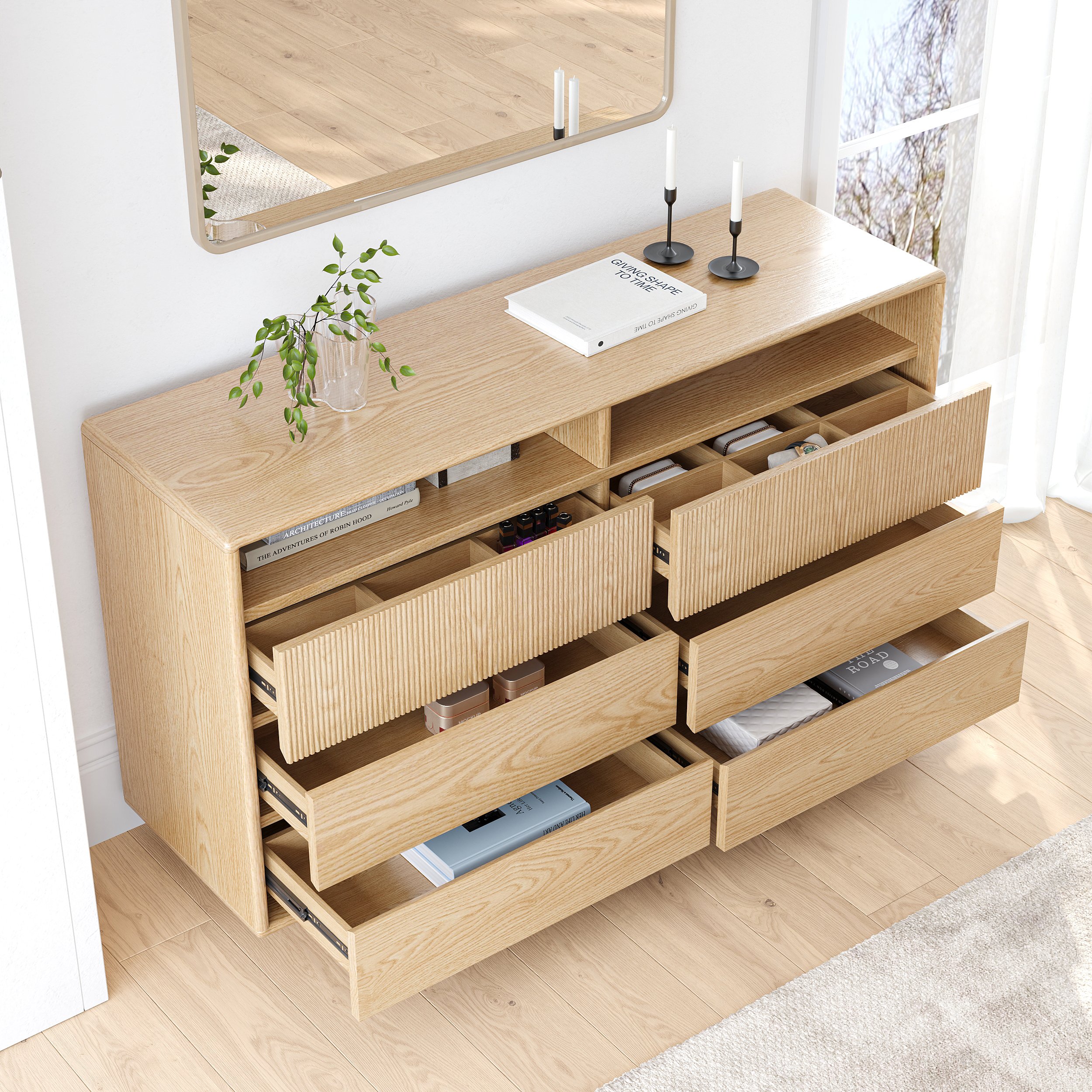 HMR - 47" Modern 6-Drawer Wood Dresser with Shelves