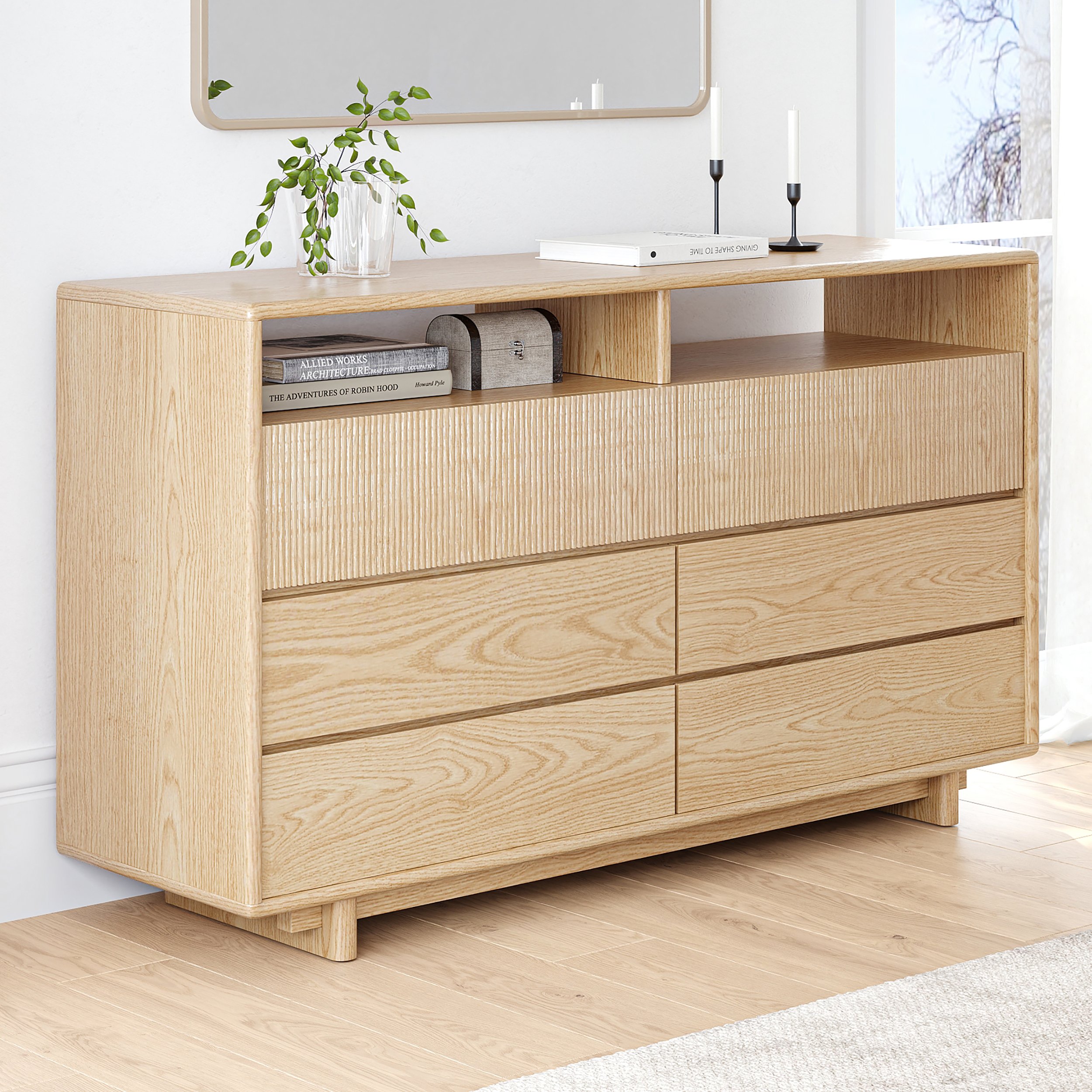 HMR - 47" Modern 6-Drawer Wood Dresser with Shelves