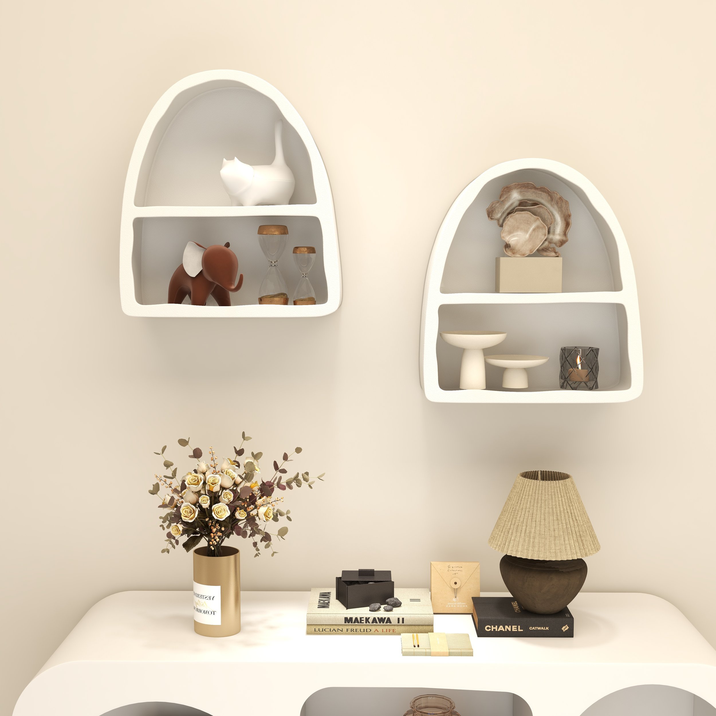 HMR - Codiys Art Deco White Arched Wall Mounted Shelf Wood Floating Shelf with Open Storage