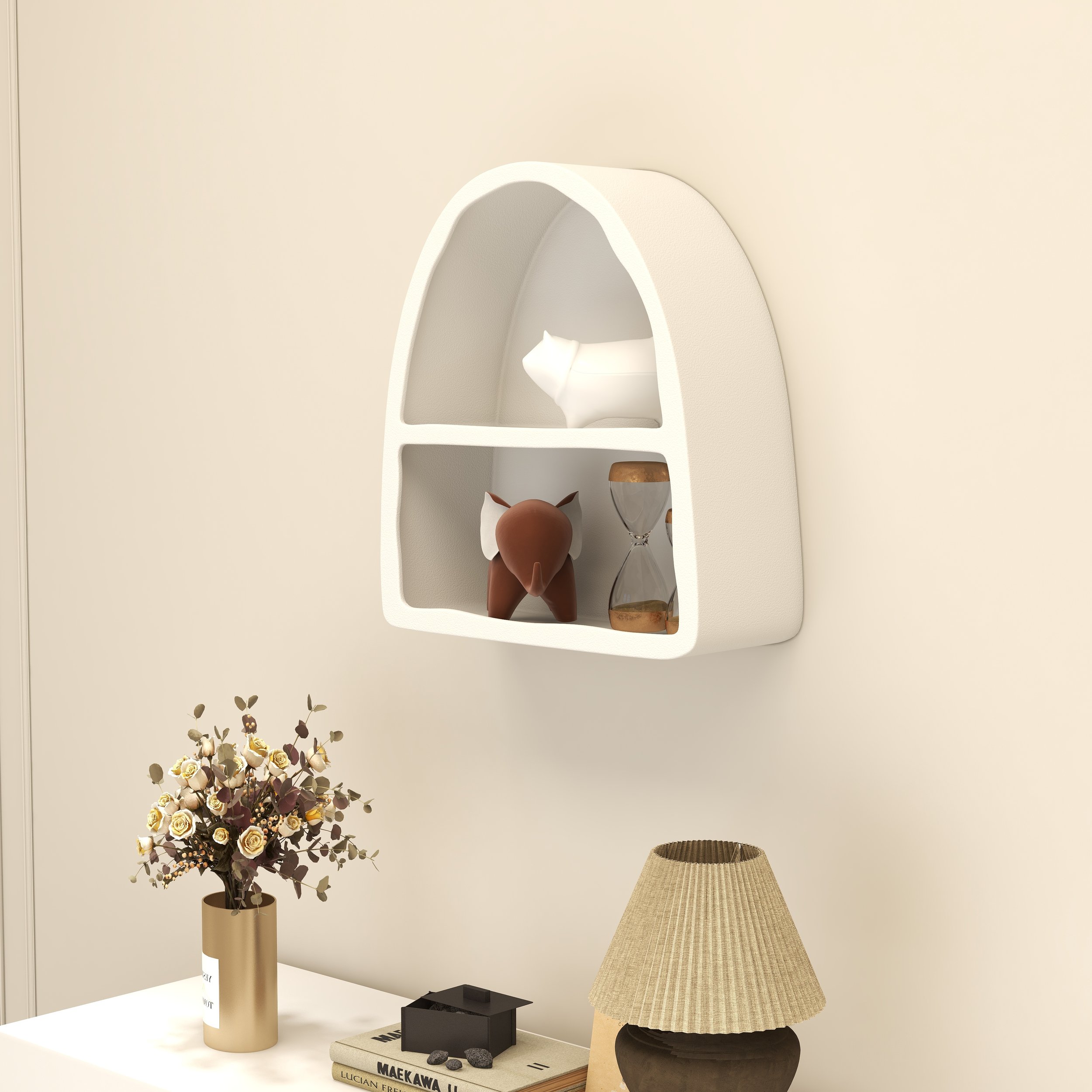 HMR - Codiys Art Deco White Arched Wall Mounted Shelf Wood Floating Shelf with Open Storage