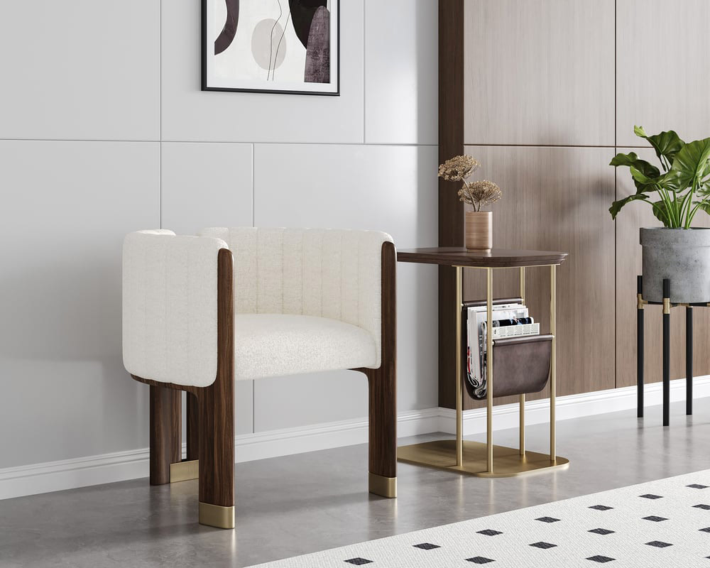 HMR Boucle Fluted Upholstered Accent Chair with Wood Frame (Set of 2) - White